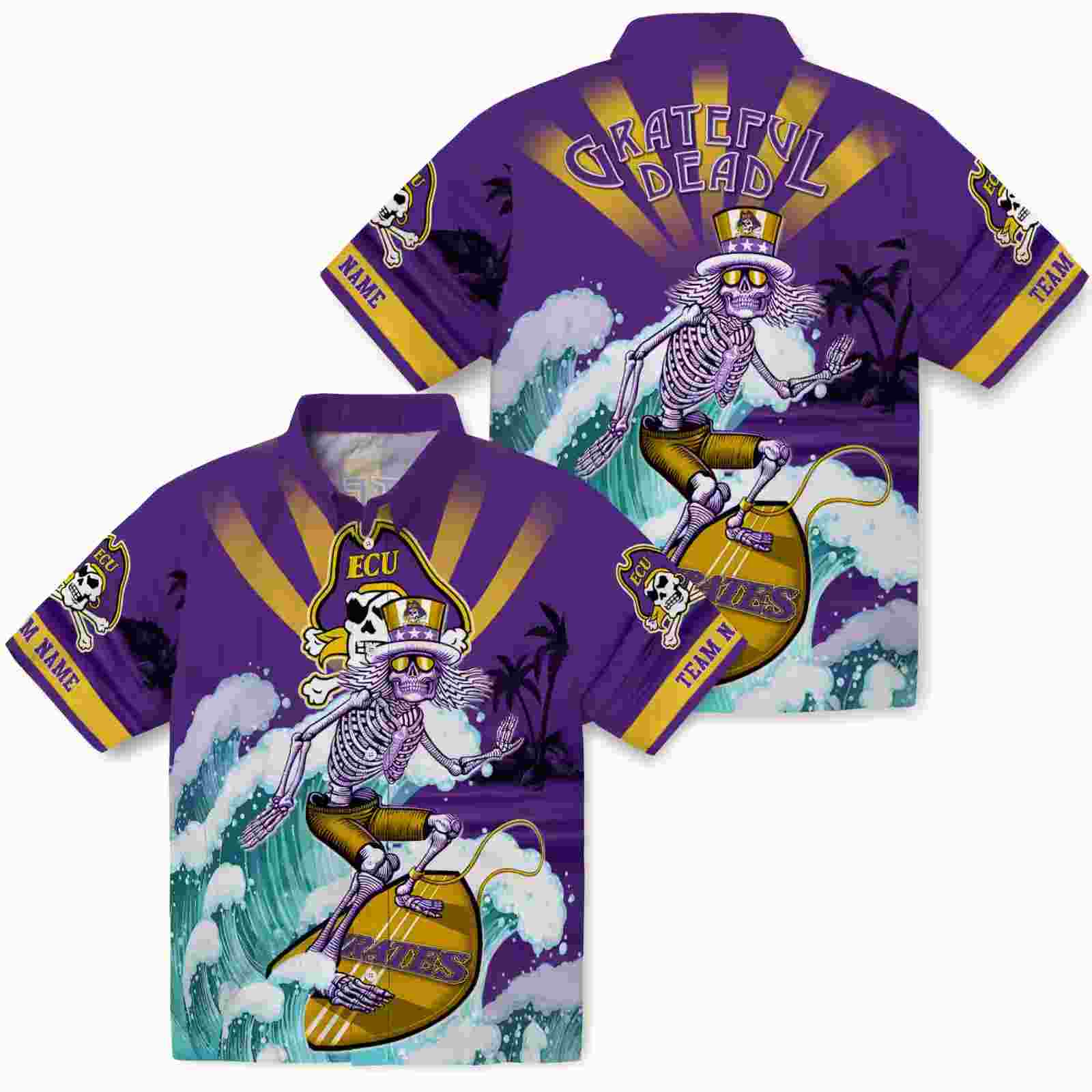 customized east carolina pirates surfing skeleton purple blue hawaiian shirt high quality