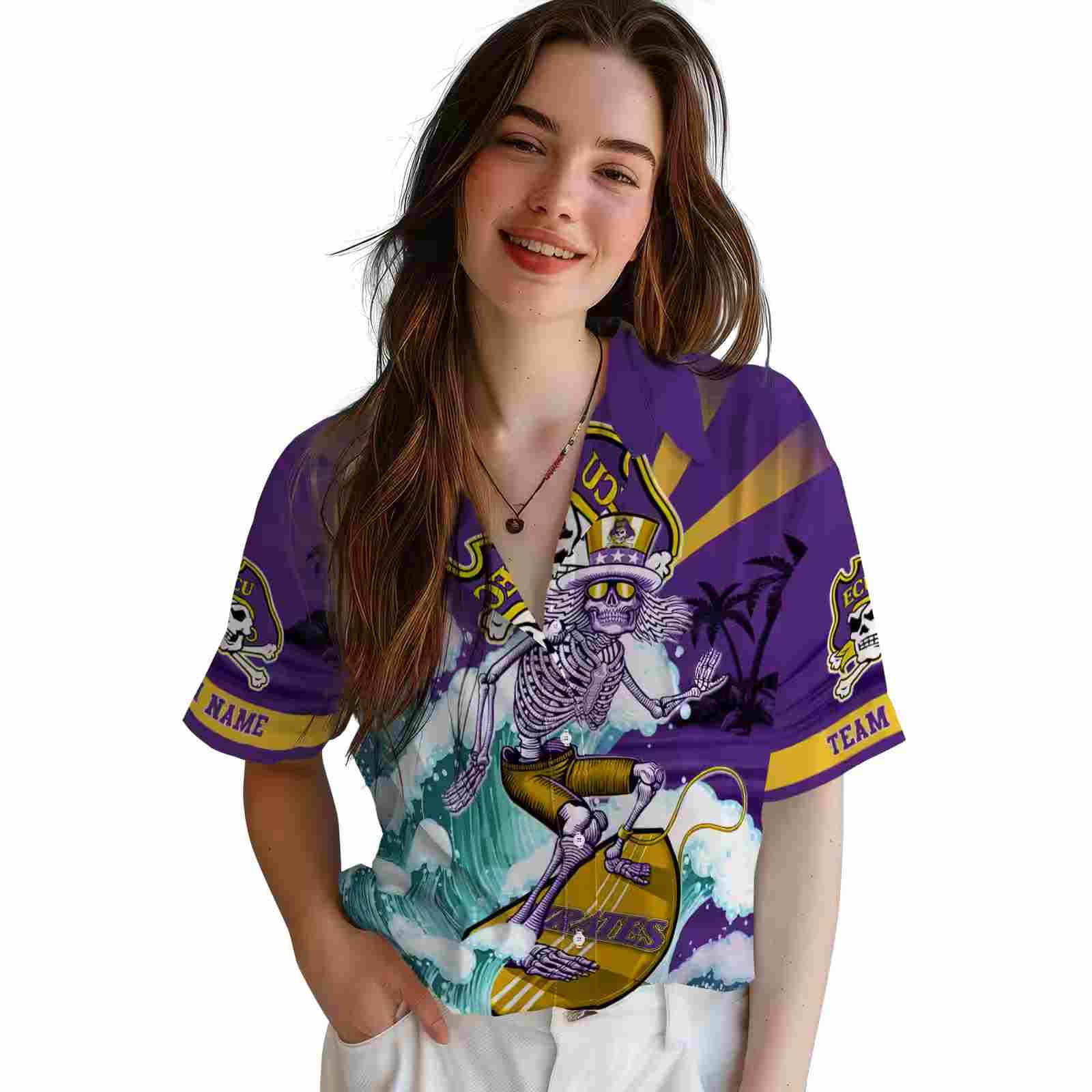 customized east carolina pirates surfing skeleton purple blue hawaiian shirt latest model