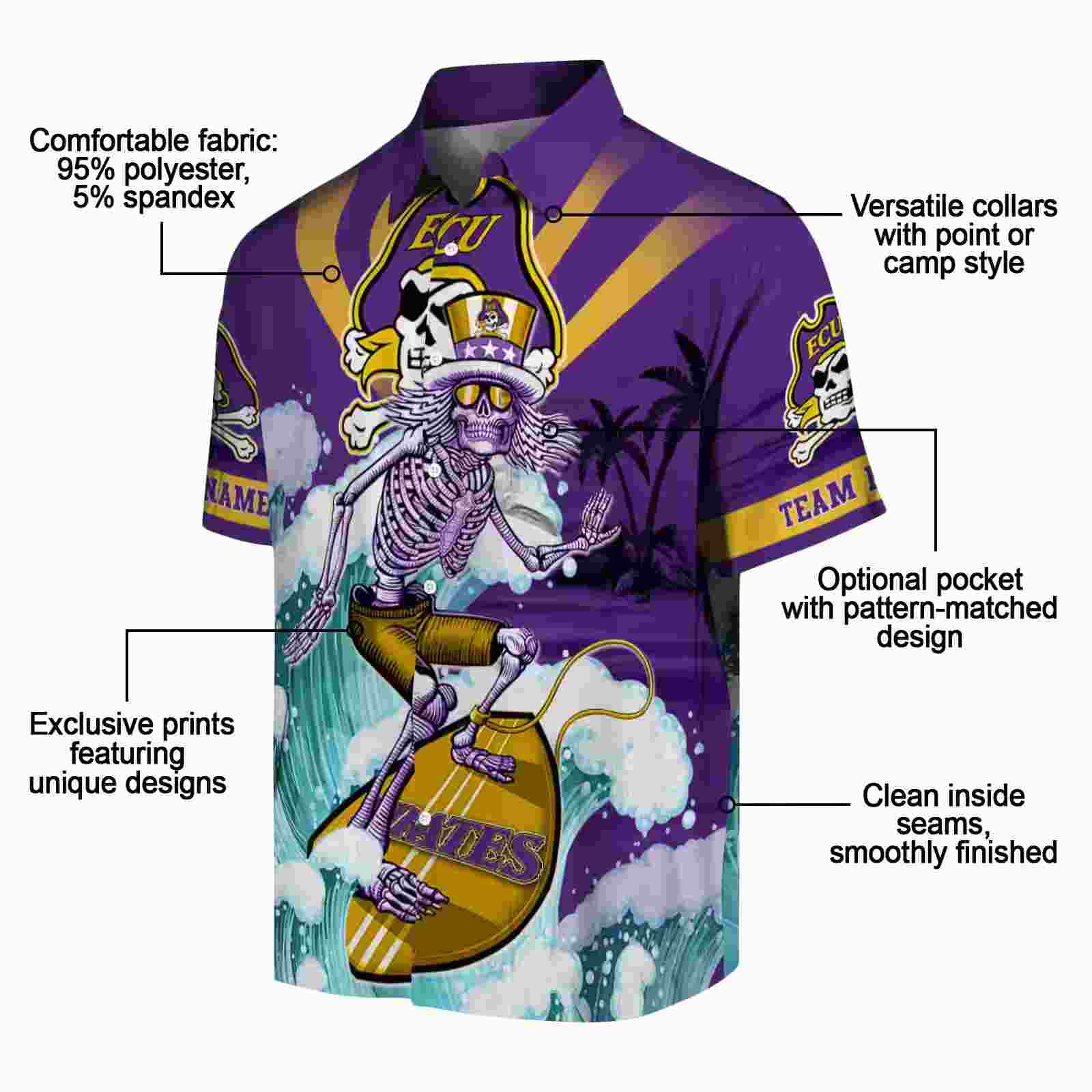 customized east carolina pirates surfing skeleton purple blue hawaiian shirt new arrival