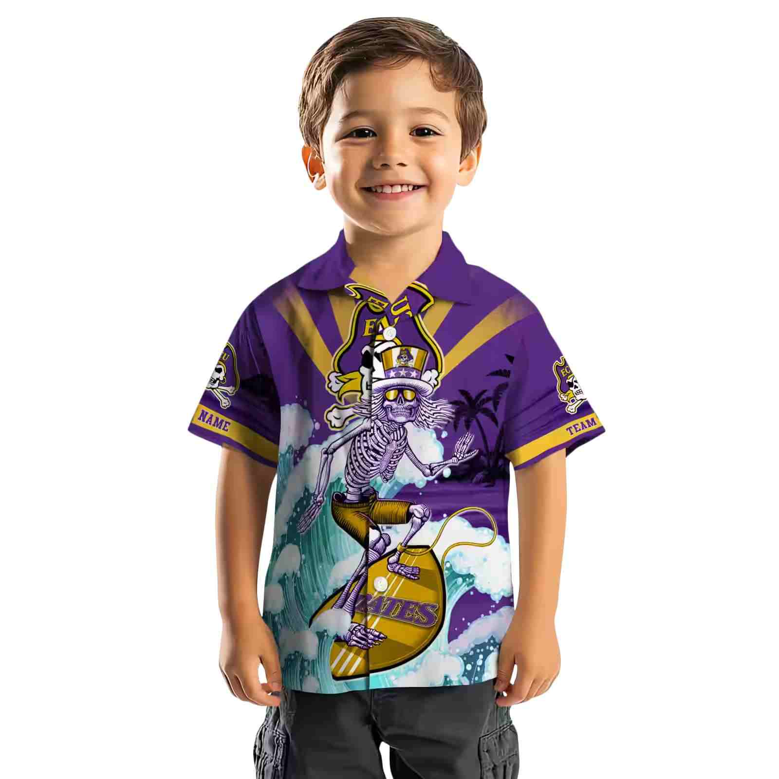 customized east carolina pirates surfing skeleton purple blue hawaiian shirt top rated