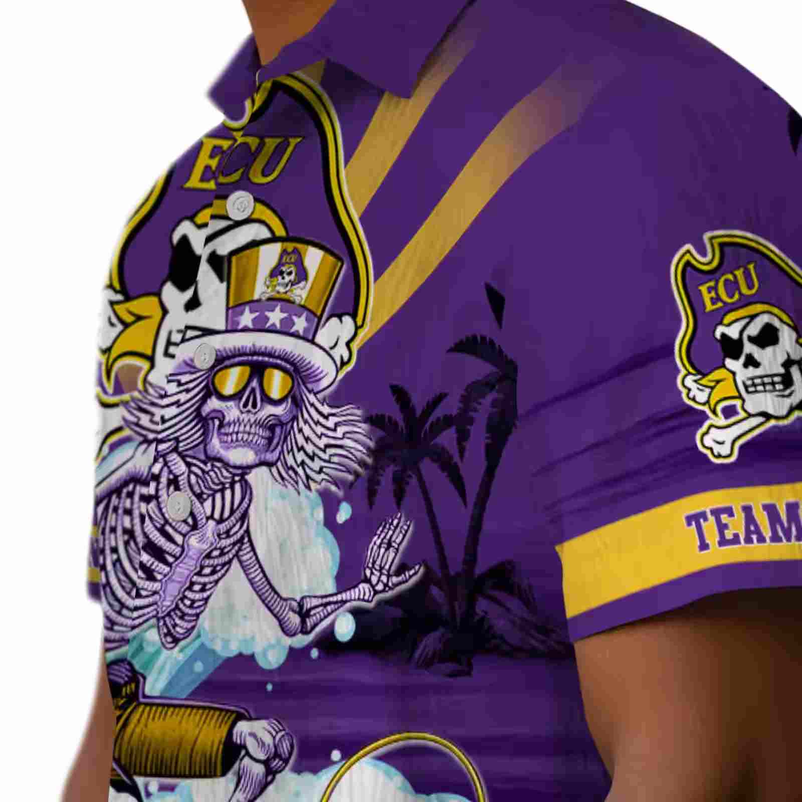 customized east carolina pirates surfing skeleton purple blue hawaiian shirt trendy