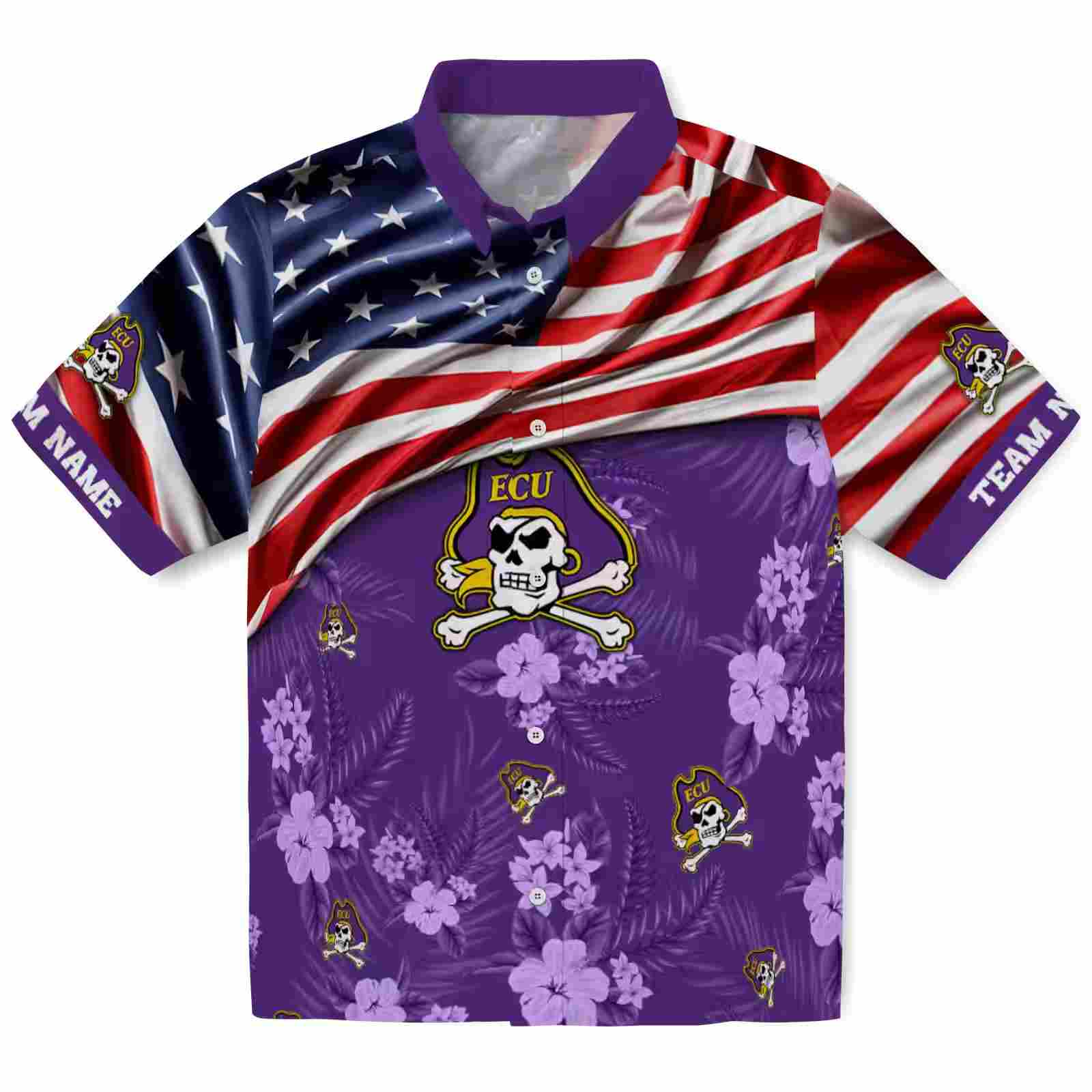 Customized East Carolina Pirates US Flag Hibiscus Purple Hawaiian Shirt