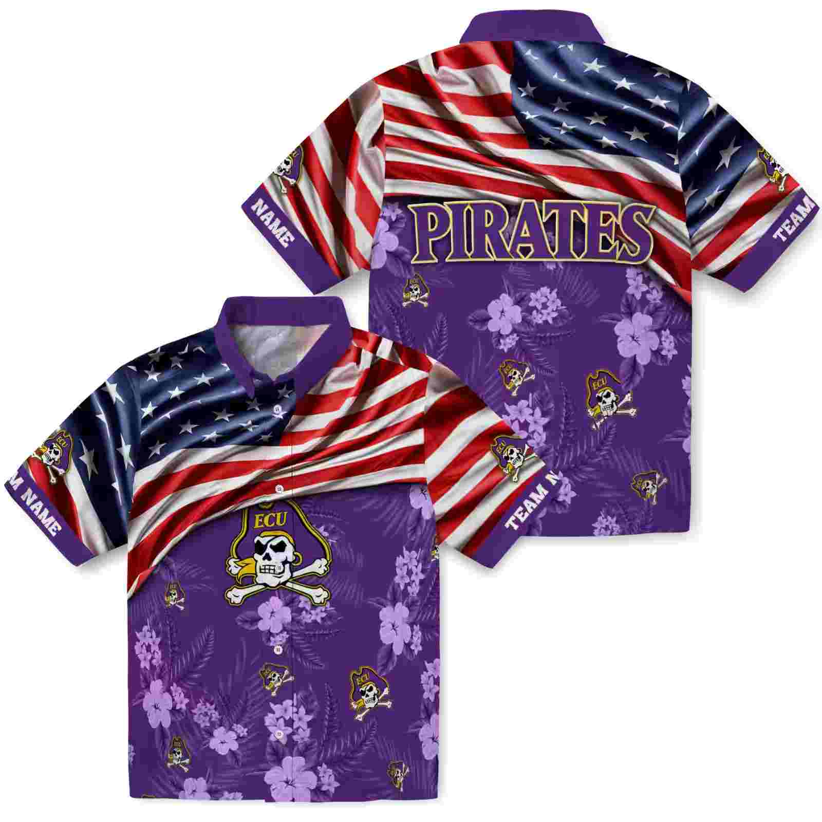 customized east carolina pirates us flag hibiscus purple hawaiian shirt high quality