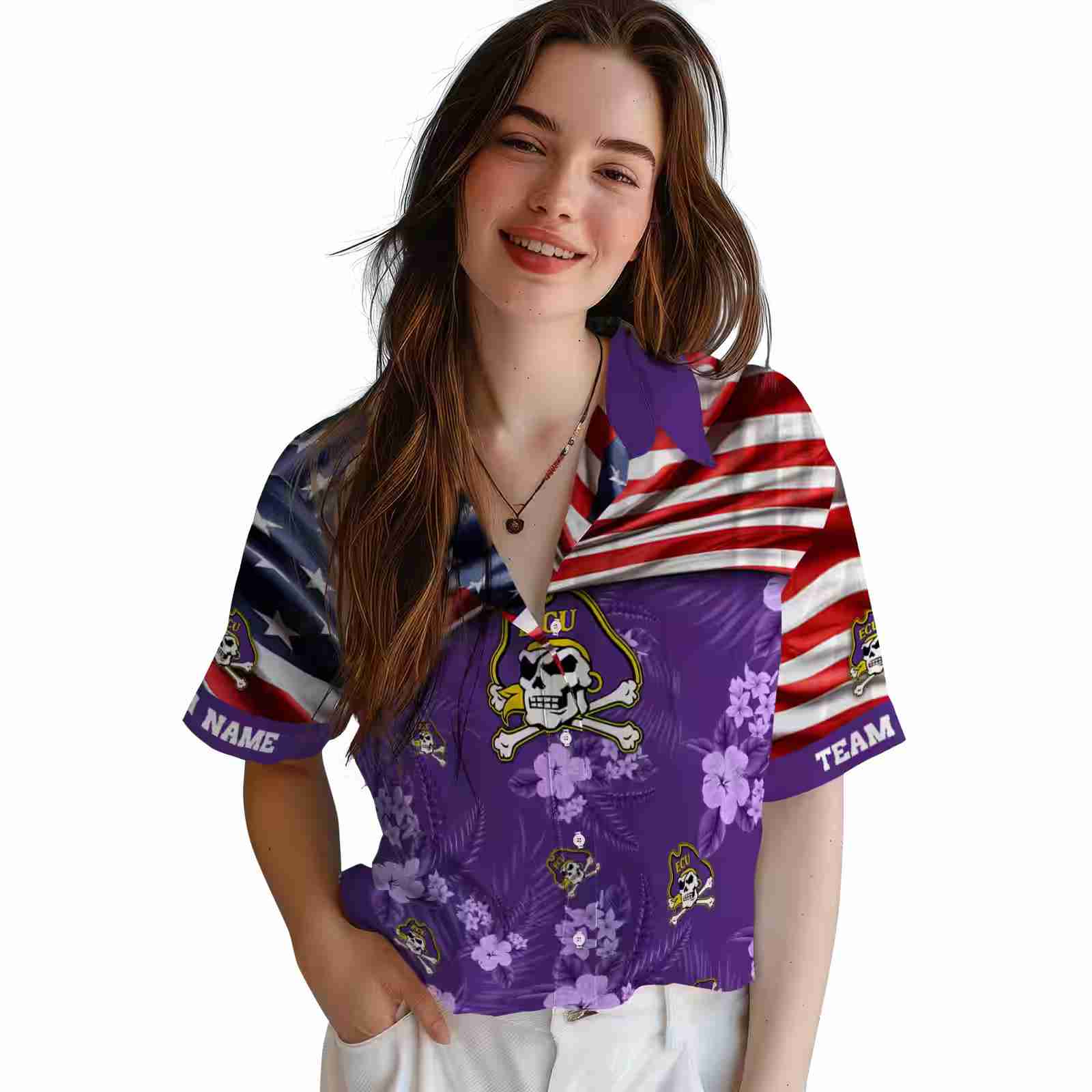 customized east carolina pirates us flag hibiscus purple hawaiian shirt latest model