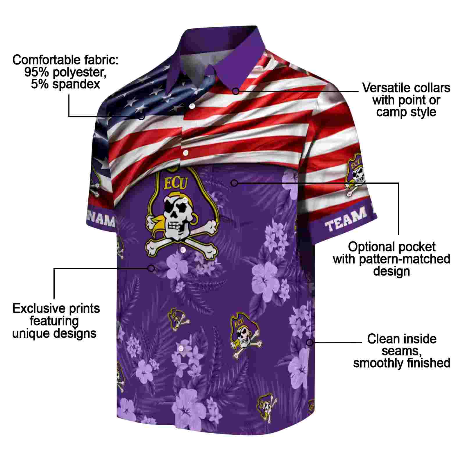 customized east carolina pirates us flag hibiscus purple hawaiian shirt new arrival