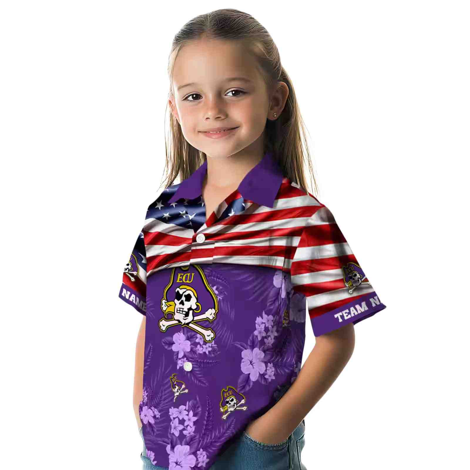 customized east carolina pirates us flag hibiscus purple hawaiian shirt premium grade