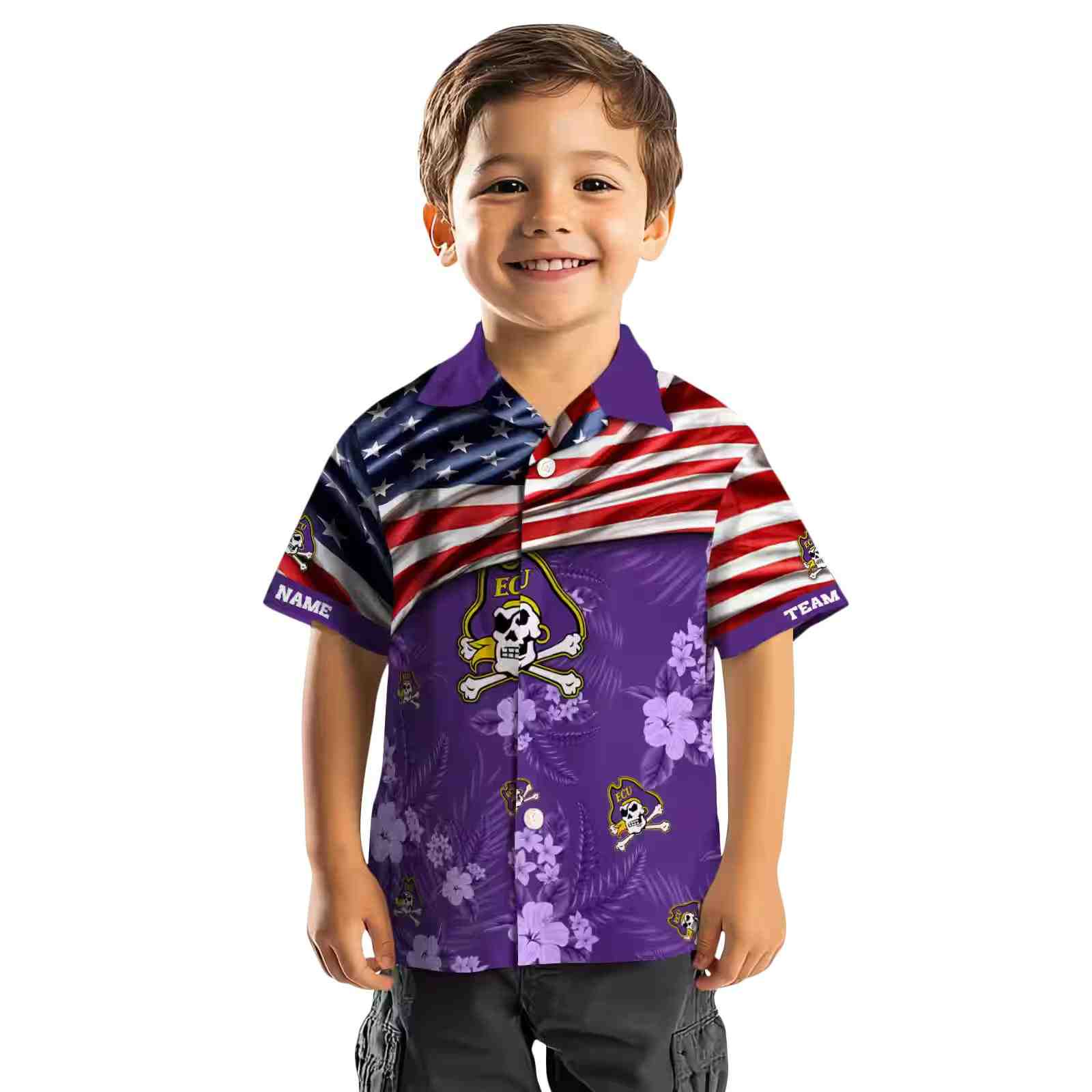 customized east carolina pirates us flag hibiscus purple hawaiian shirt top rated