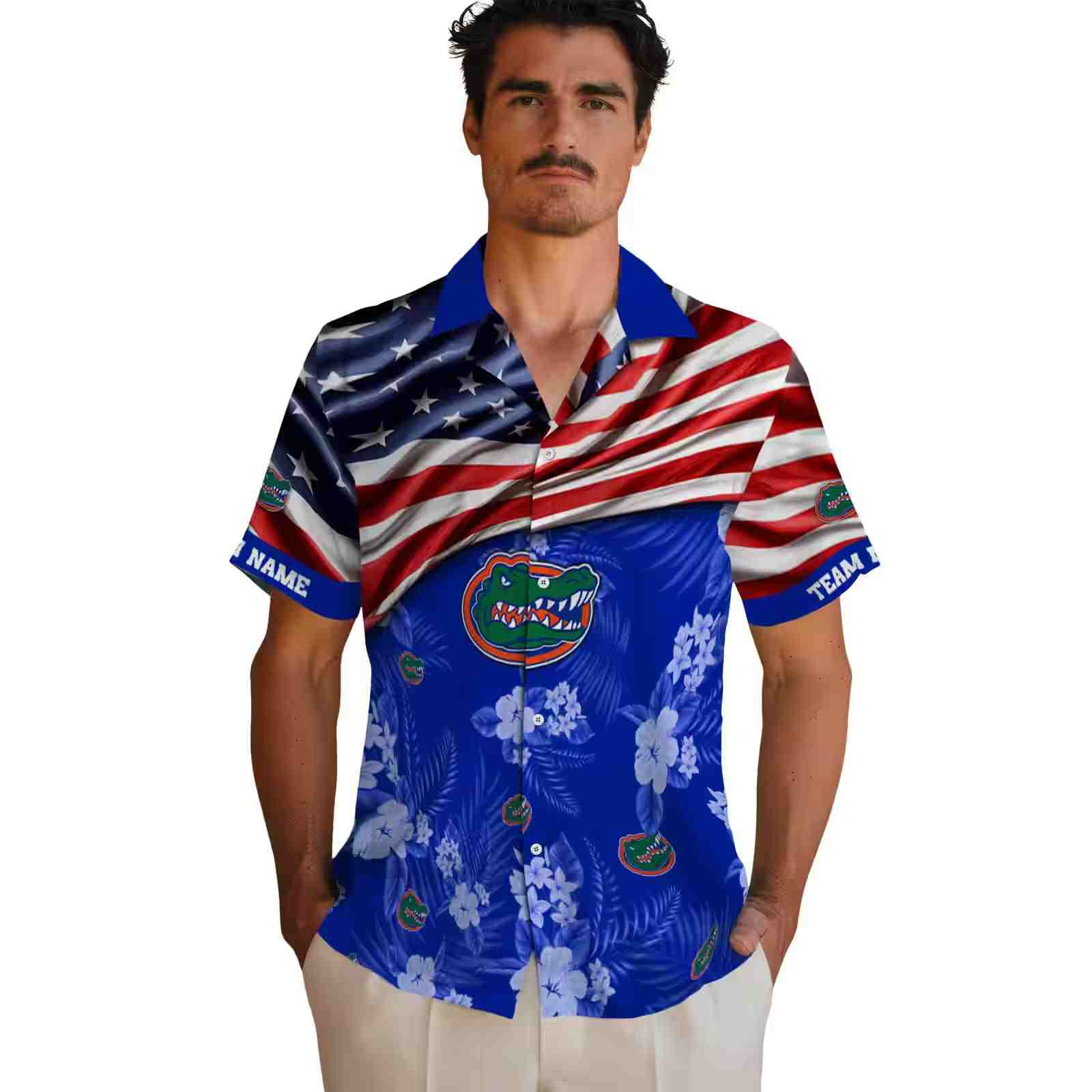 customized florida gators us flag hibiscus blue hawaiian shirt fashion forward