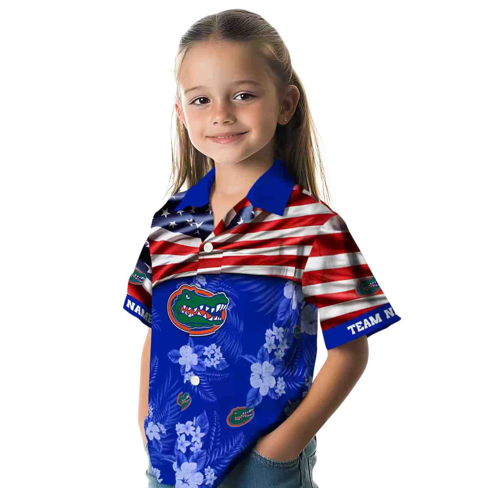 customized florida gators us flag hibiscus blue hawaiian shirt premium grade