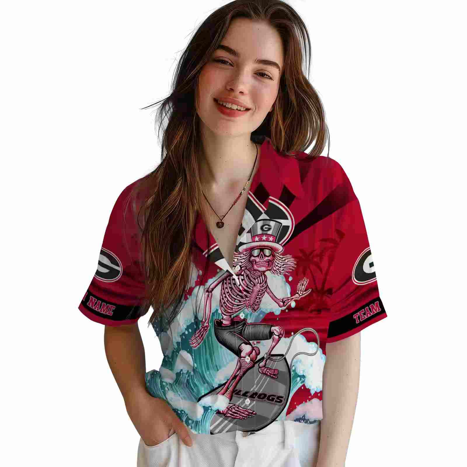 customized georgia bulldogs surfing skeleton red blue hawaiian shirt latest model