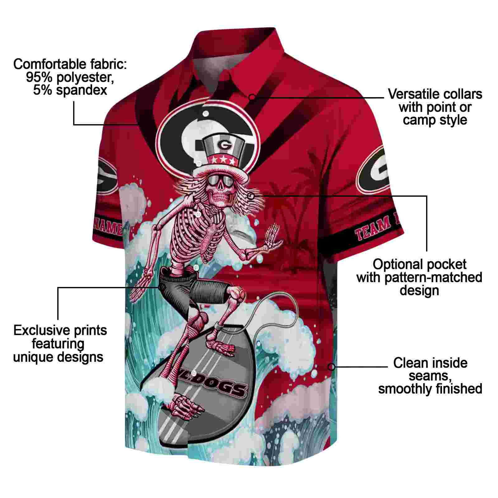 customized georgia bulldogs surfing skeleton red blue hawaiian shirt new arrival