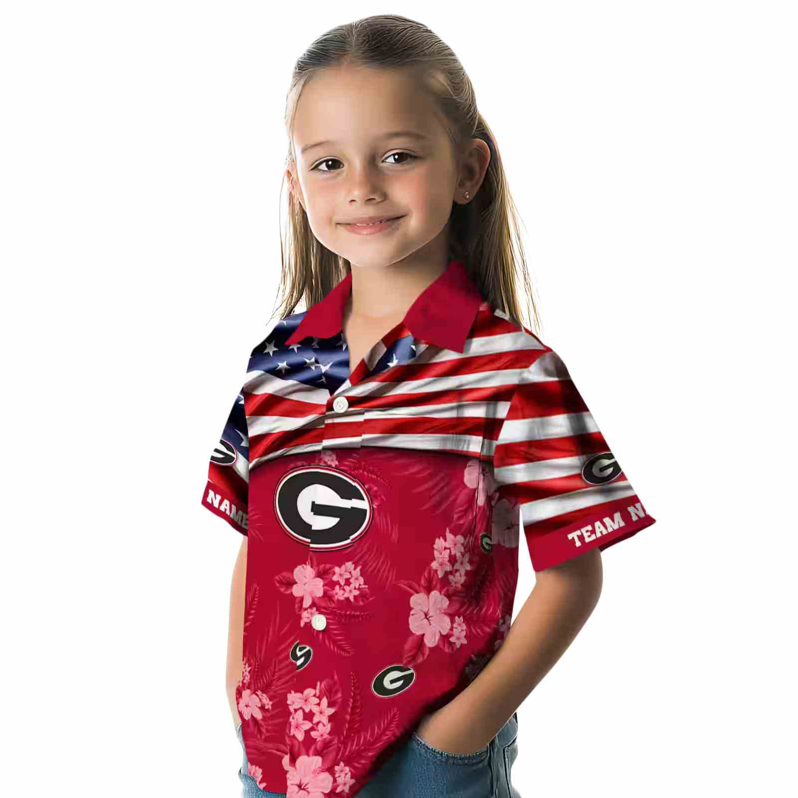 customized georgia bulldogs us flag hibiscus red hawaiian shirt premium grade