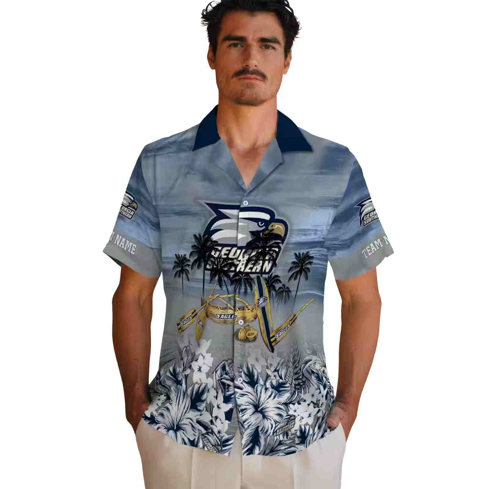 customized georgia southern eagles tropical canoe blue hawaiian shirt fashion forward