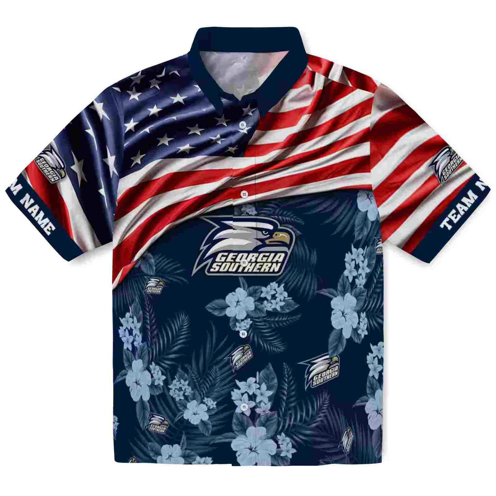 Customized Georgia Southern Eagles US Flag Hibiscus Blue Hawaiian Shirt