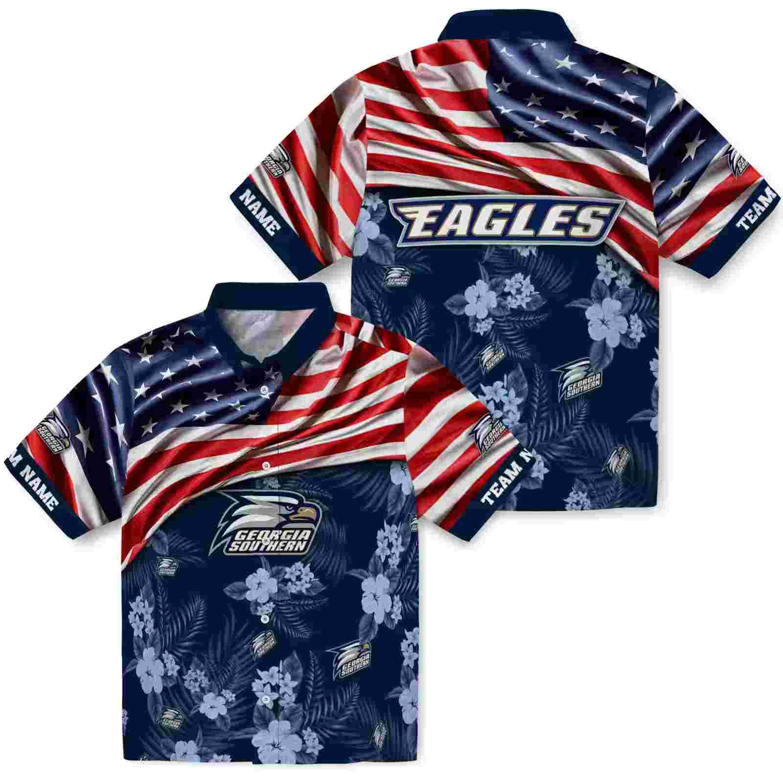 customized georgia southern eagles us flag hibiscus blue hawaiian shirt high quality