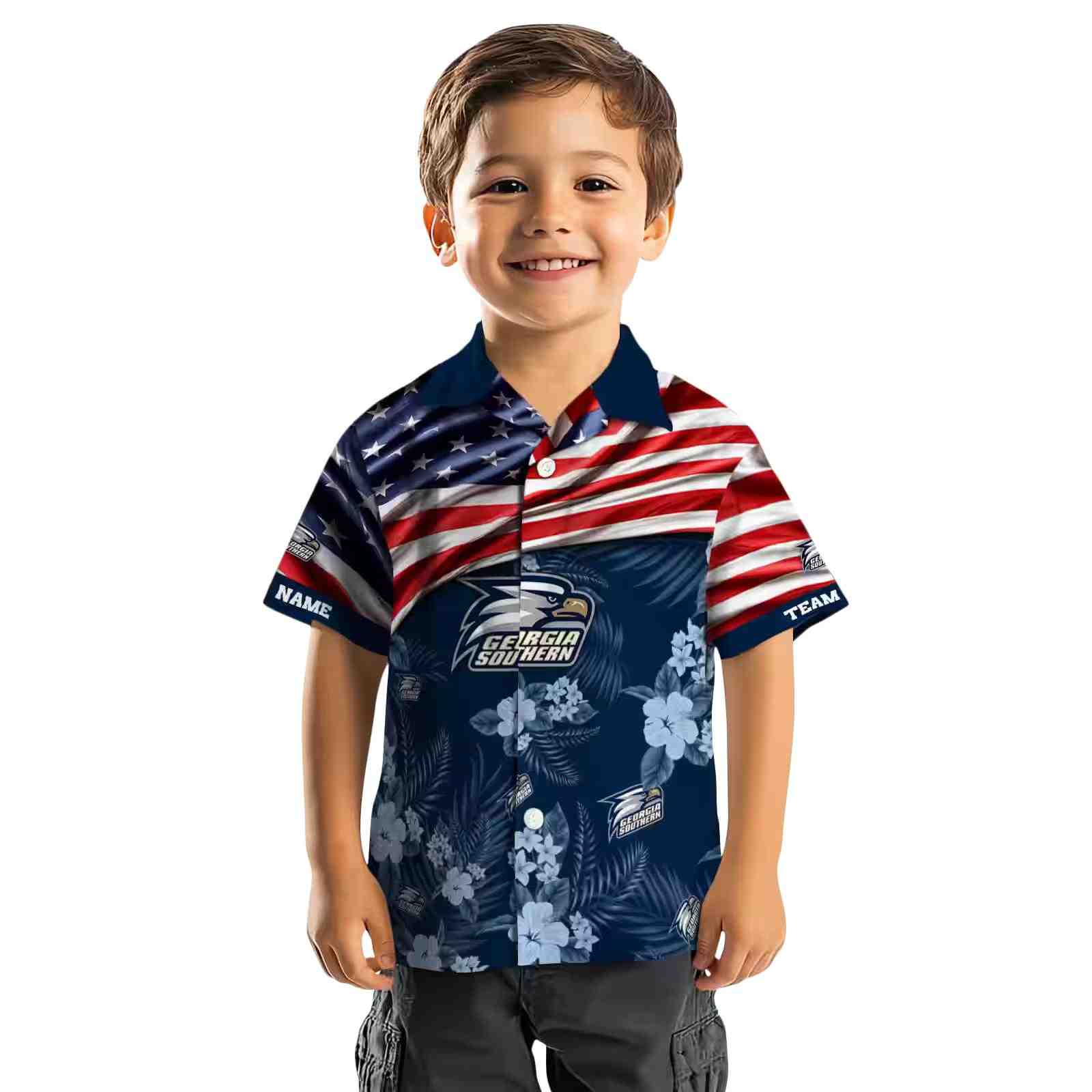 customized georgia southern eagles us flag hibiscus blue hawaiian shirt top rated