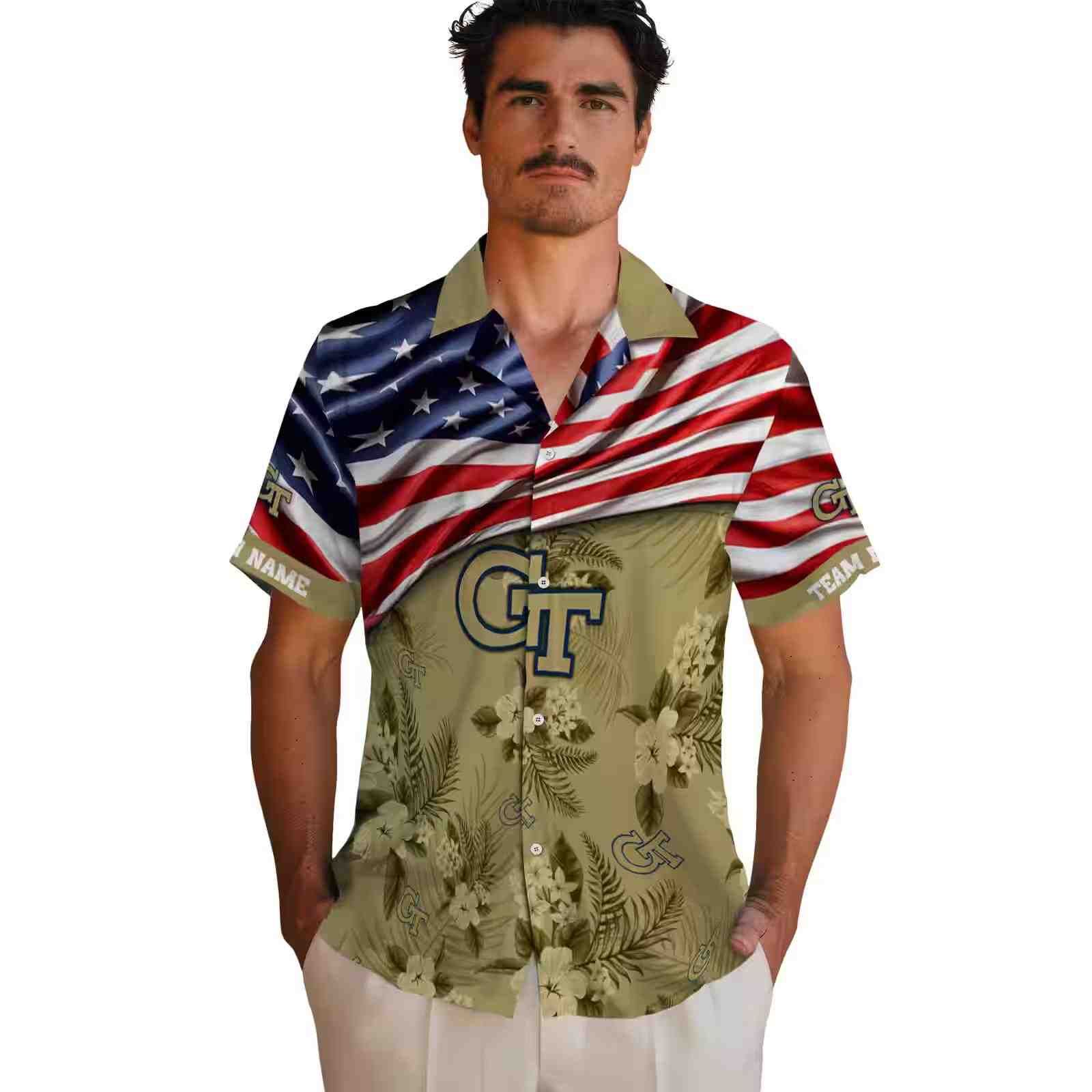 customized georgia tech yellow jackets us flag hibiscus gold hawaiian shirt fashion forward