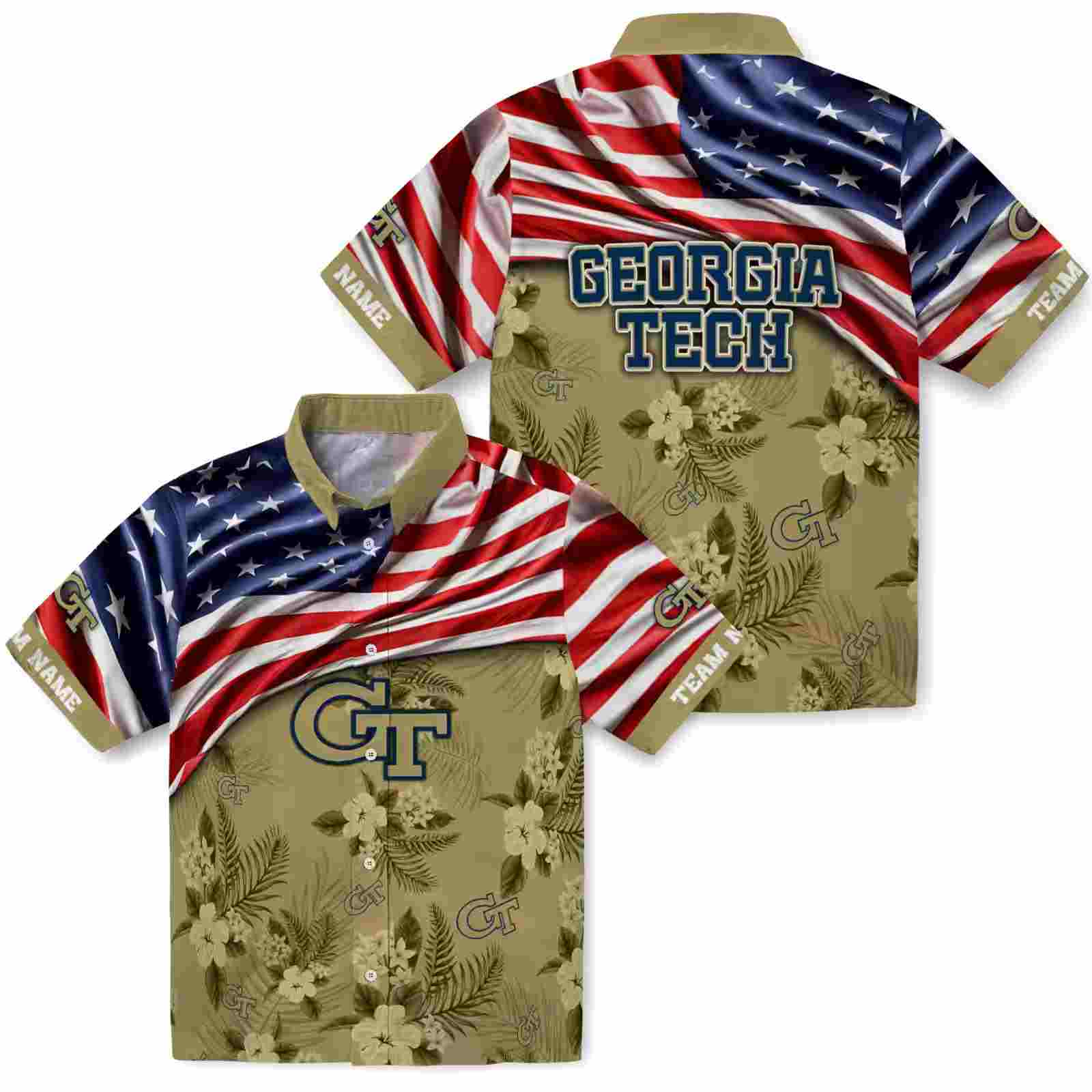 customized georgia tech yellow jackets us flag hibiscus gold hawaiian shirt high quality