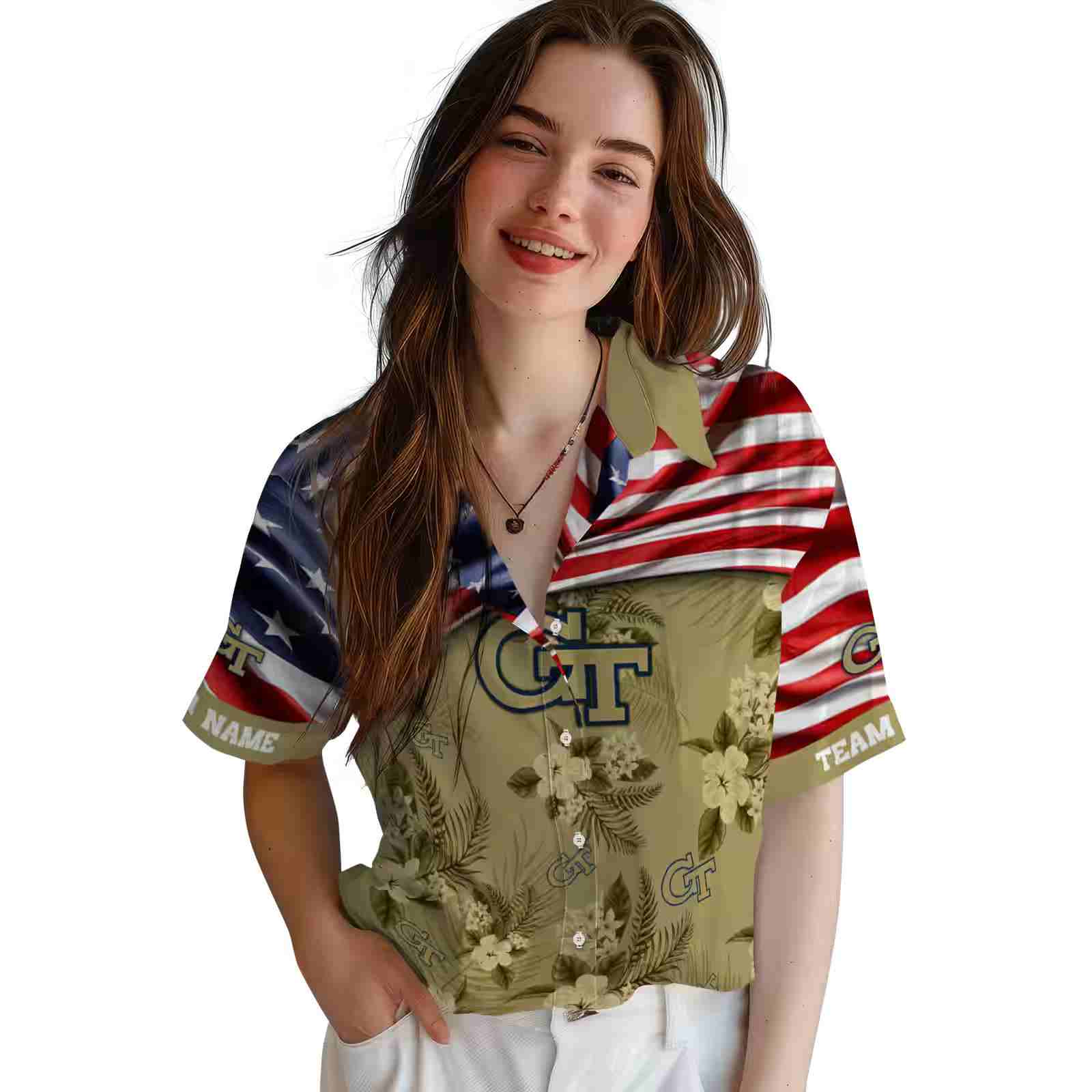 customized georgia tech yellow jackets us flag hibiscus gold hawaiian shirt latest model