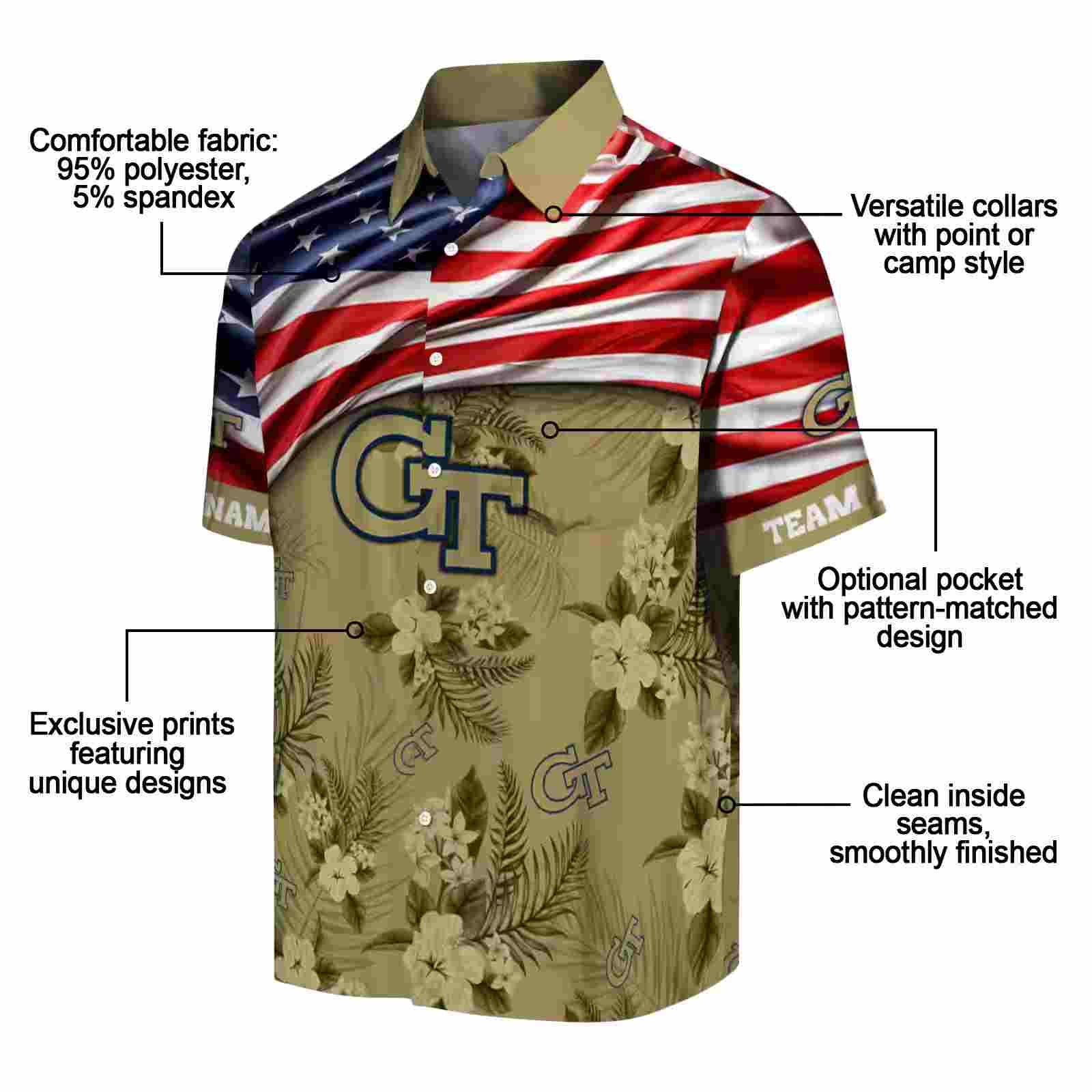 customized georgia tech yellow jackets us flag hibiscus gold hawaiian shirt new arrival