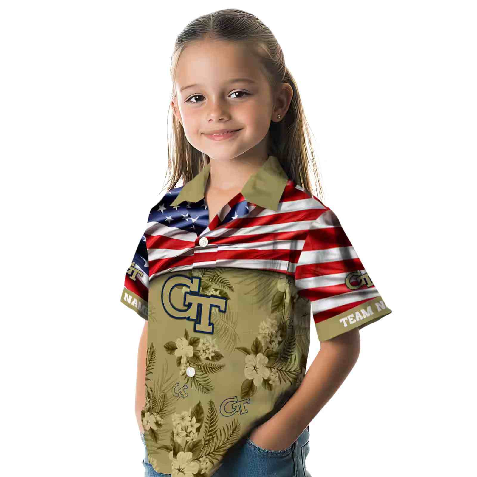 customized georgia tech yellow jackets us flag hibiscus gold hawaiian shirt premium grade