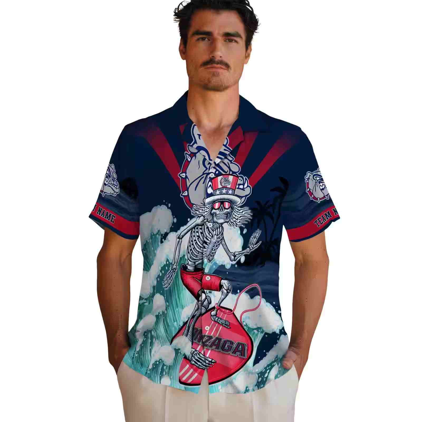 customized gonzaga bulldogs surfing skeleton blue hawaiian shirt fashion forward