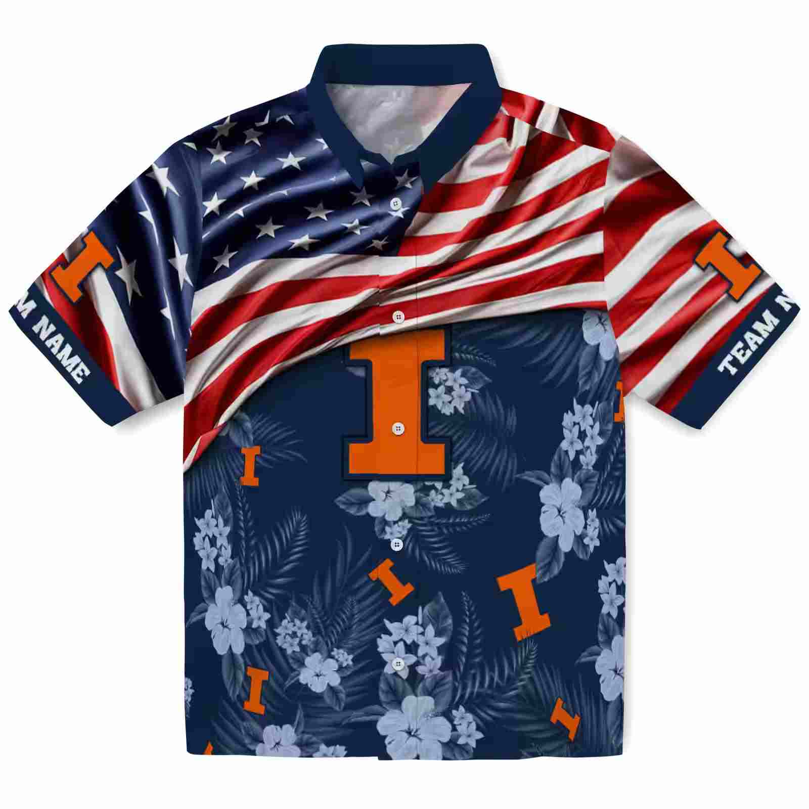 Customized Illinois Fighting Illini US Flag Hibiscus Blue Hawaiian Shirt