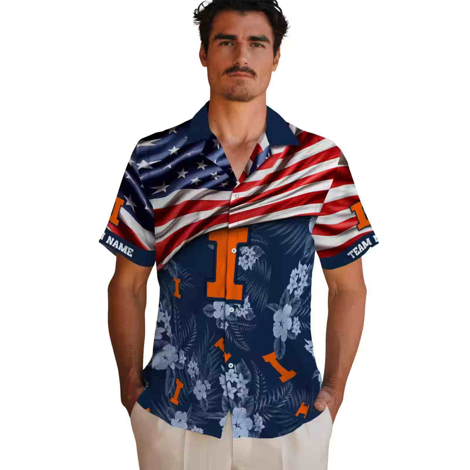 customized illinois fighting illini us flag hibiscus blue hawaiian shirt fashion forward