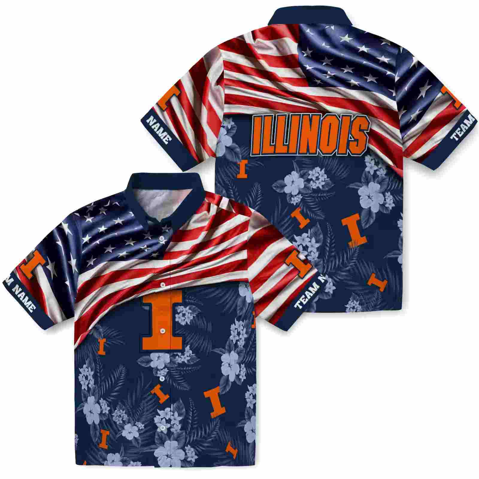 customized illinois fighting illini us flag hibiscus blue hawaiian shirt high quality