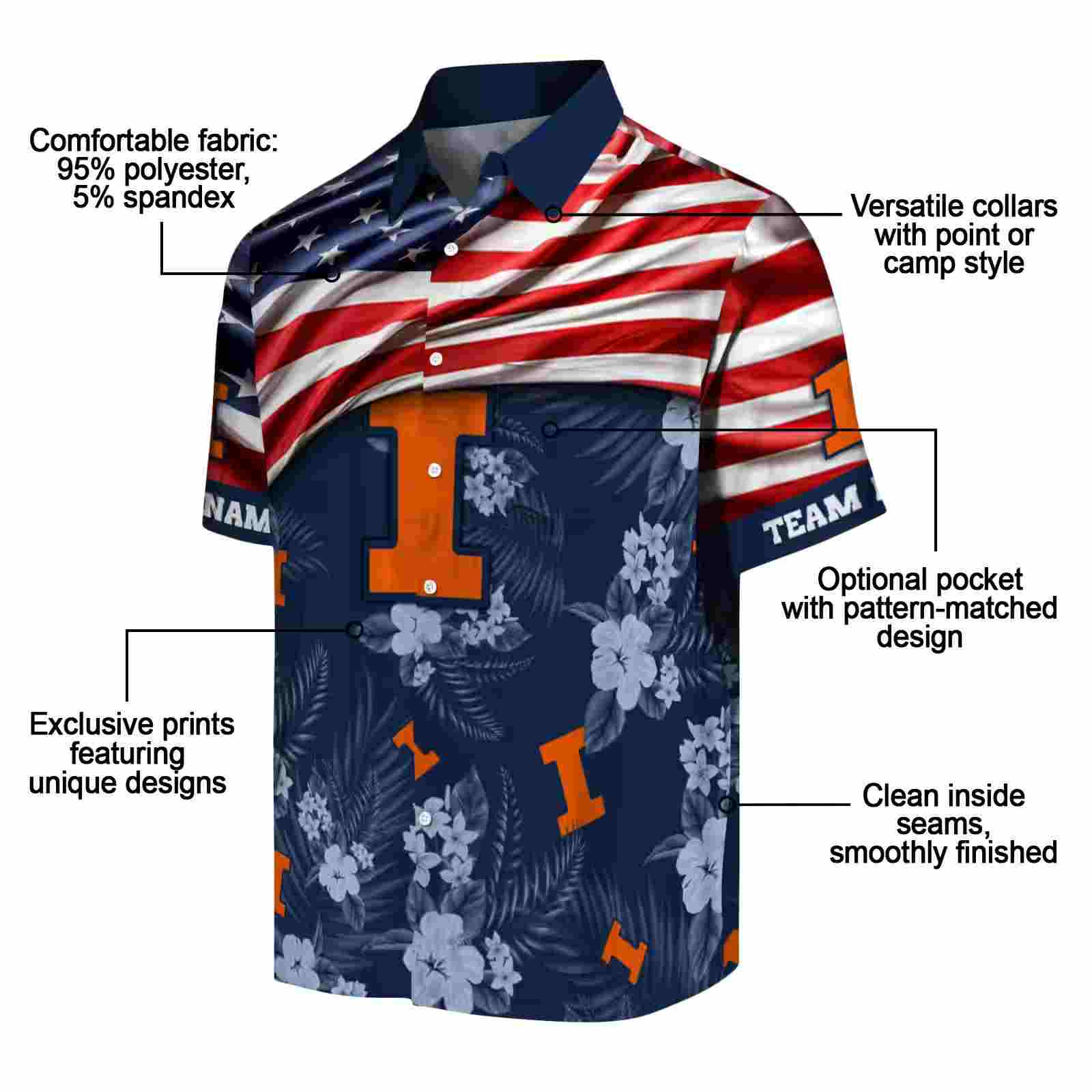 customized illinois fighting illini us flag hibiscus blue hawaiian shirt new arrival