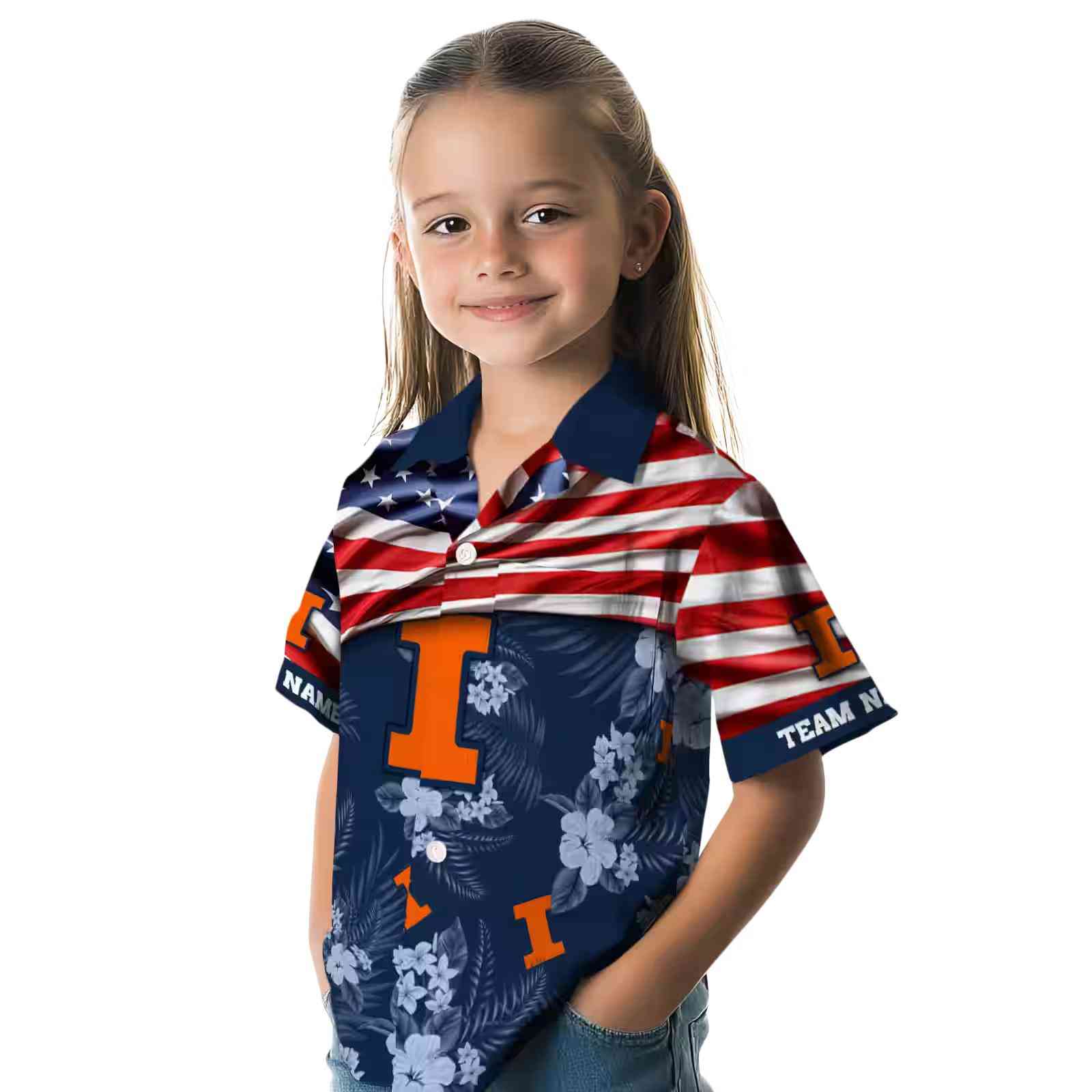 customized illinois fighting illini us flag hibiscus blue hawaiian shirt premium grade