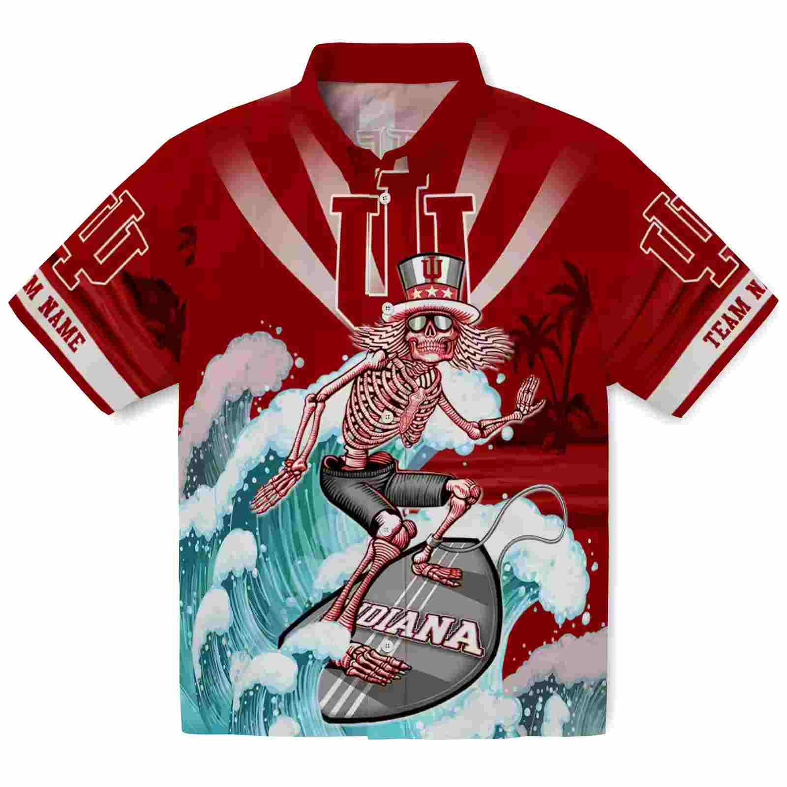 Customized Indiana Hoosiers Surfing Skeleton Red Blue Hawaiian Shirt