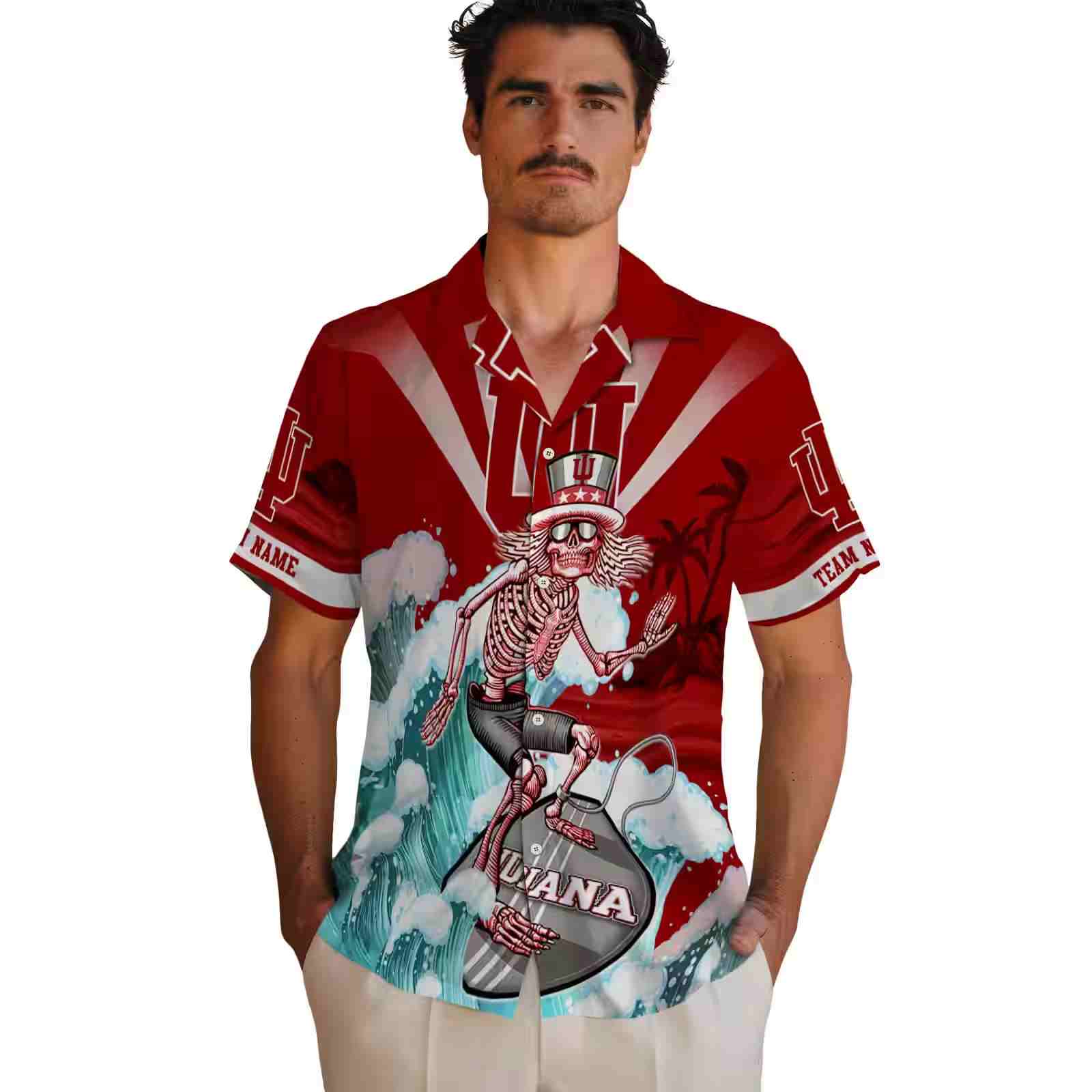 customized indiana hoosiers surfing skeleton red blue hawaiian shirt fashion forward