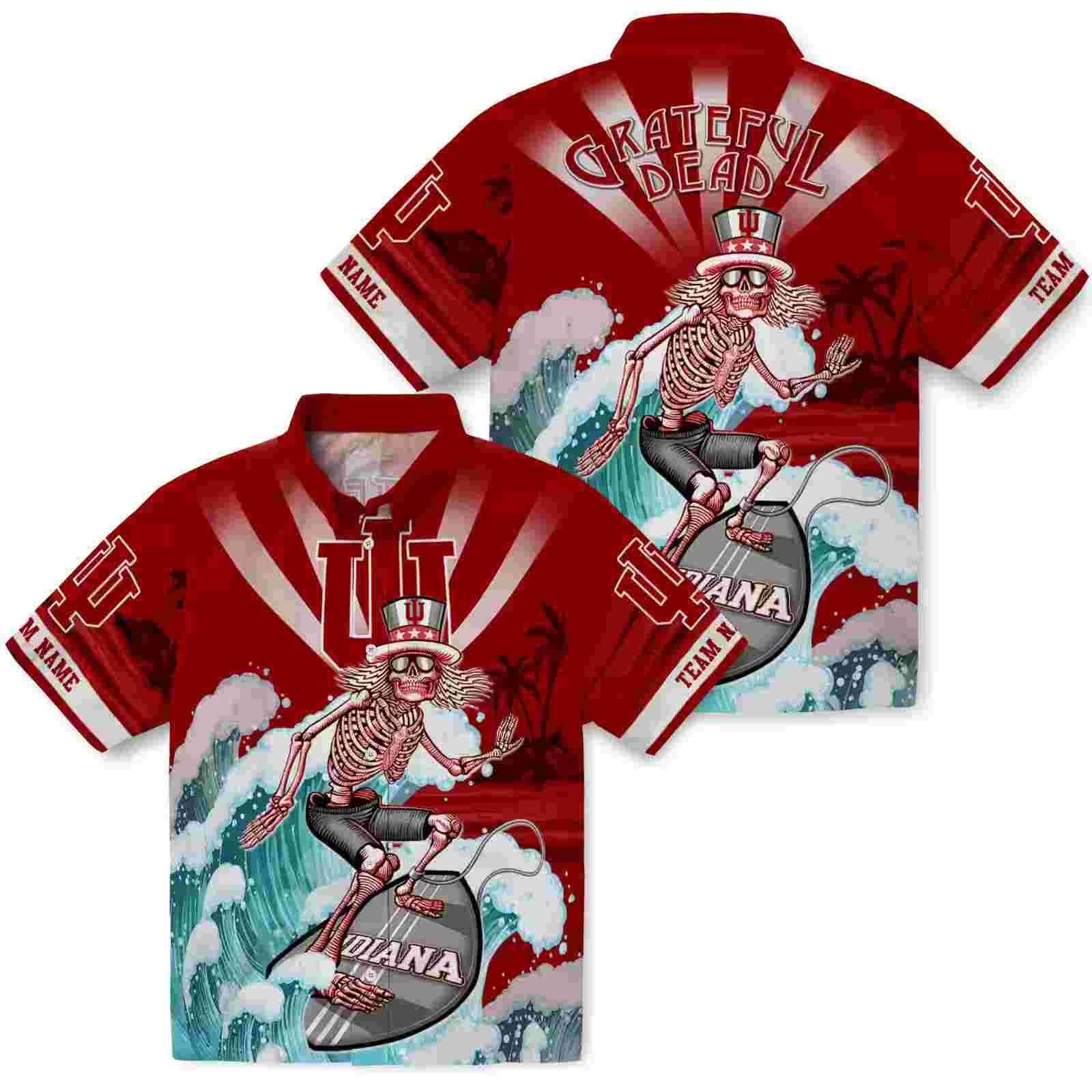 customized indiana hoosiers surfing skeleton red blue hawaiian shirt high quality