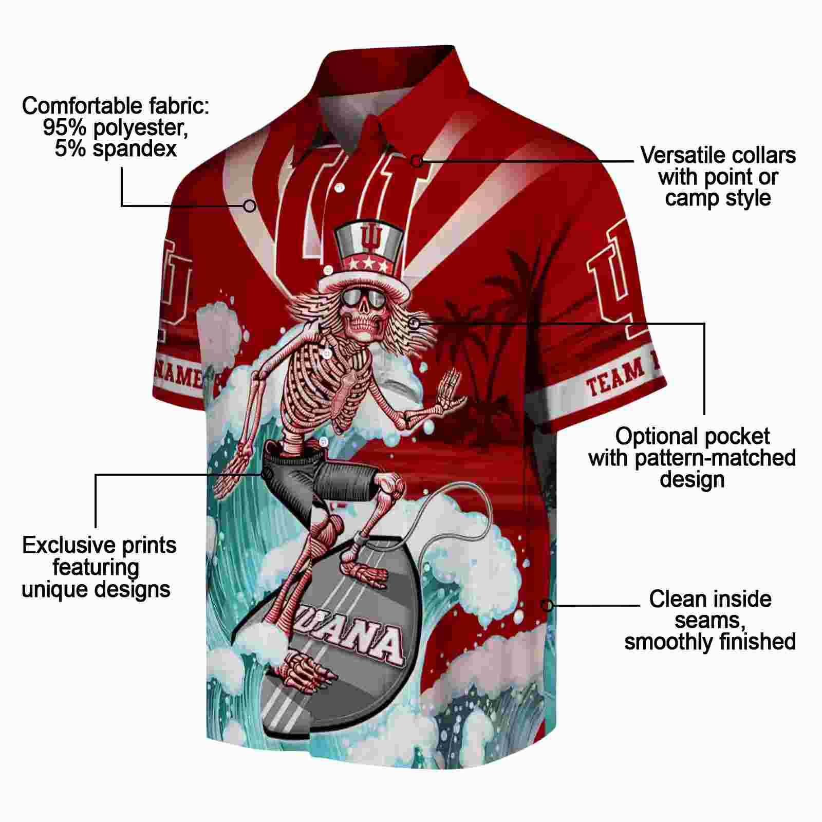 customized indiana hoosiers surfing skeleton red blue hawaiian shirt new arrival