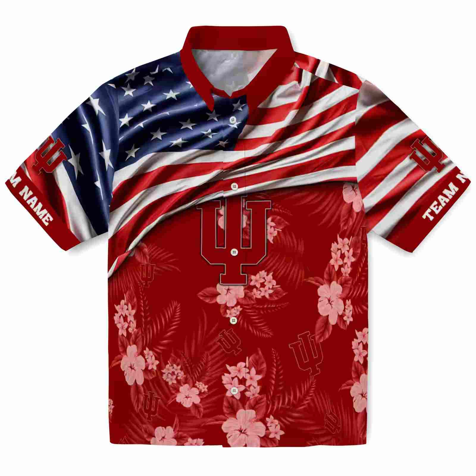 Customized Indiana Hoosiers US Flag Hibiscus Red Hawaiian Shirt