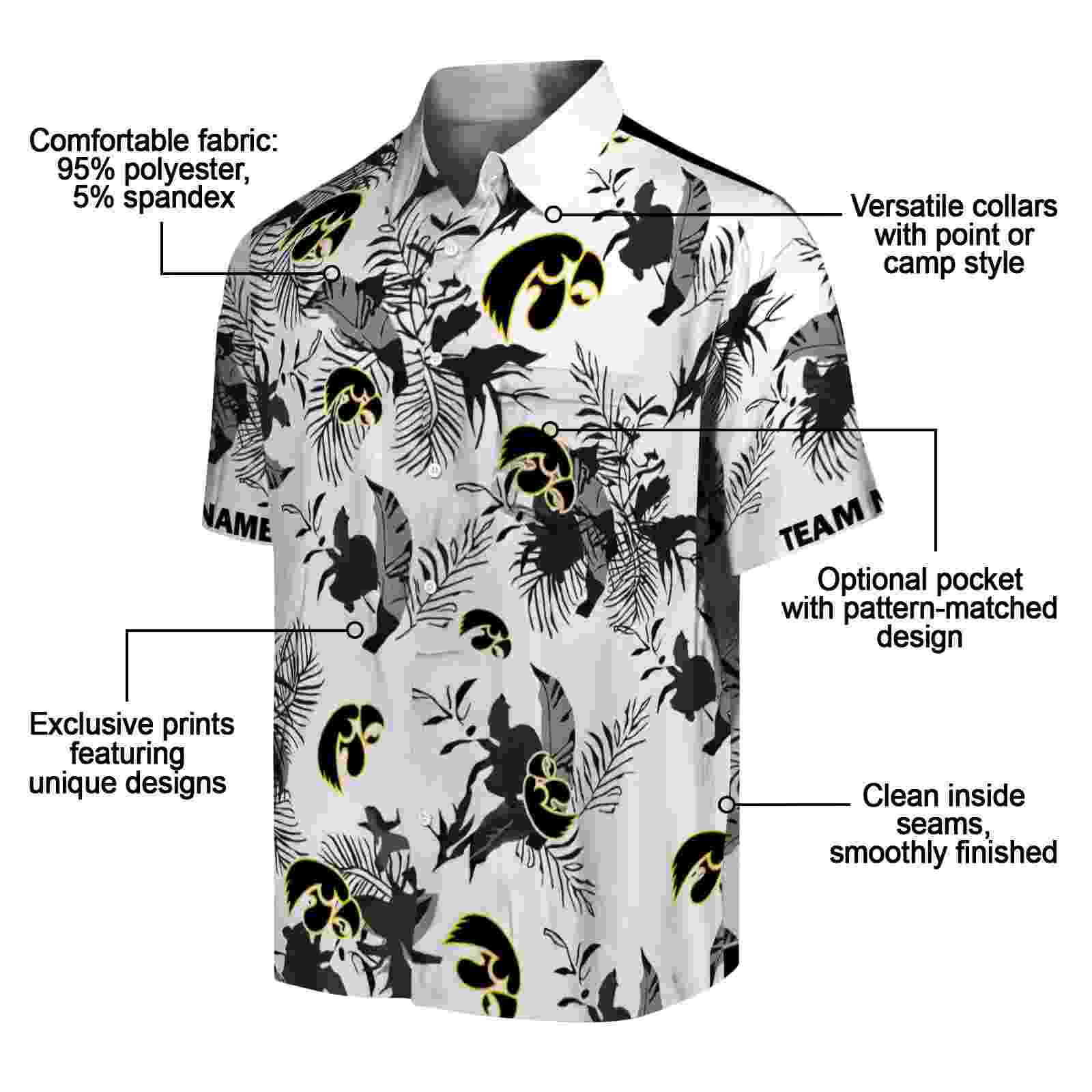 customized iowa hawkeyes botanical theme black white hawaiian shirt new arrival