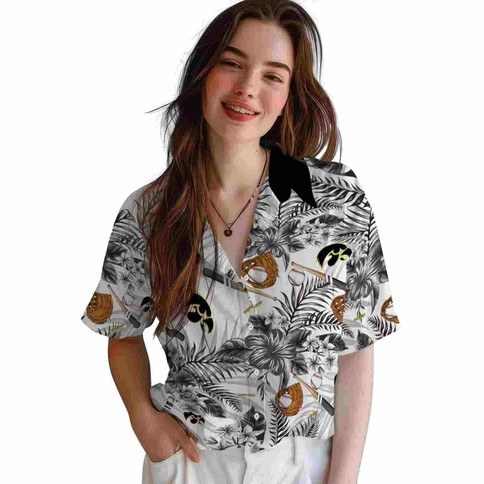 customized iowa hawkeyes floral baseball black white hawaiian shirt latest model