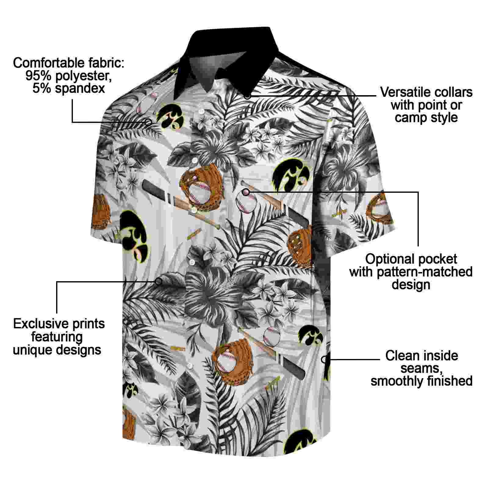 customized iowa hawkeyes floral baseball black white hawaiian shirt new arrival