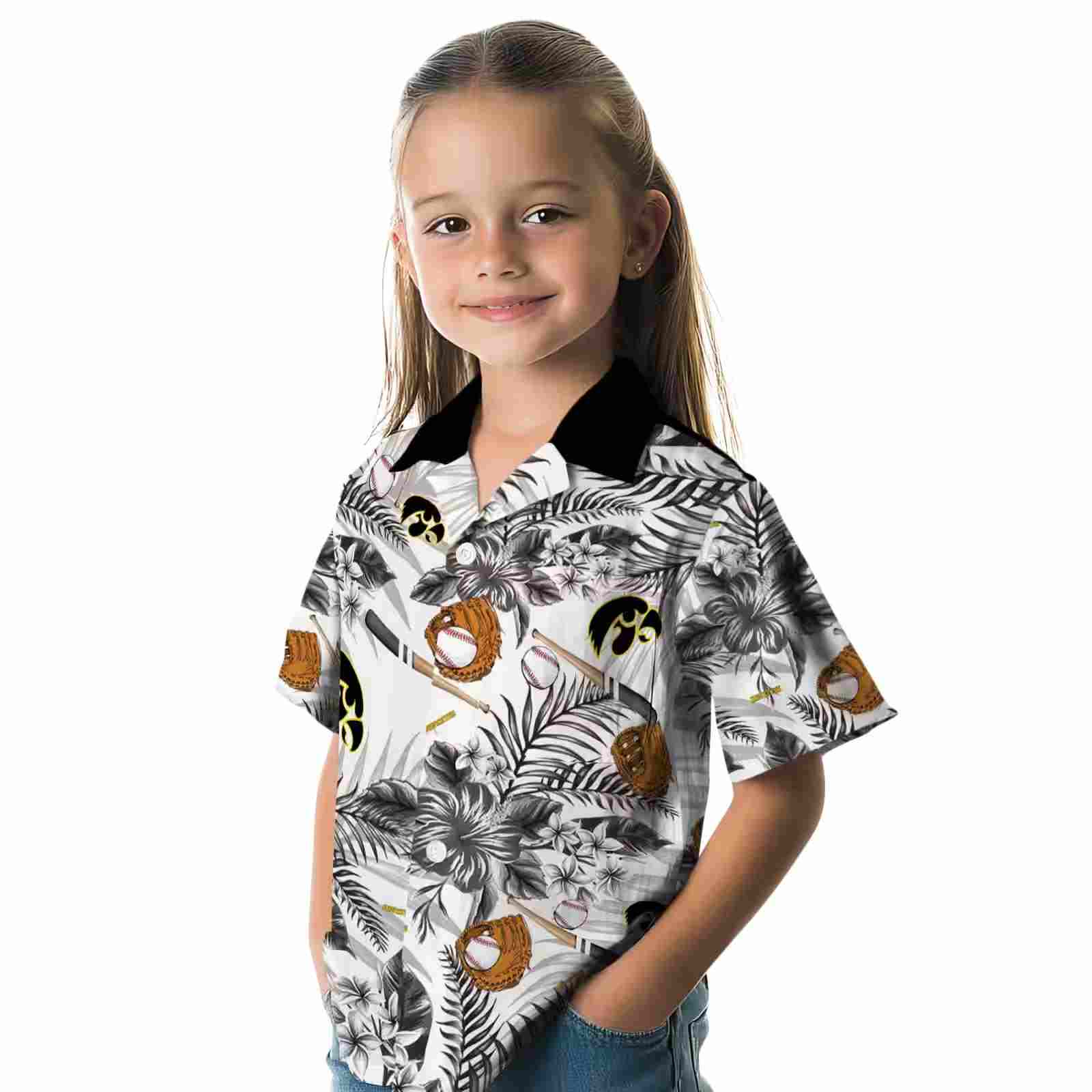 customized iowa hawkeyes floral baseball black white hawaiian shirt premium grade