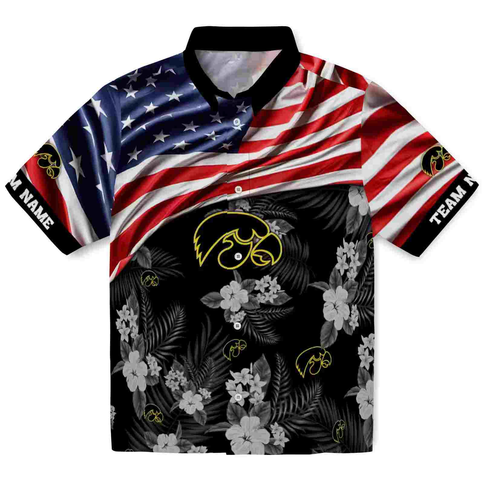 Customized Iowa Hawkeyes US Flag Hibiscus Black Hawaiian Shirt