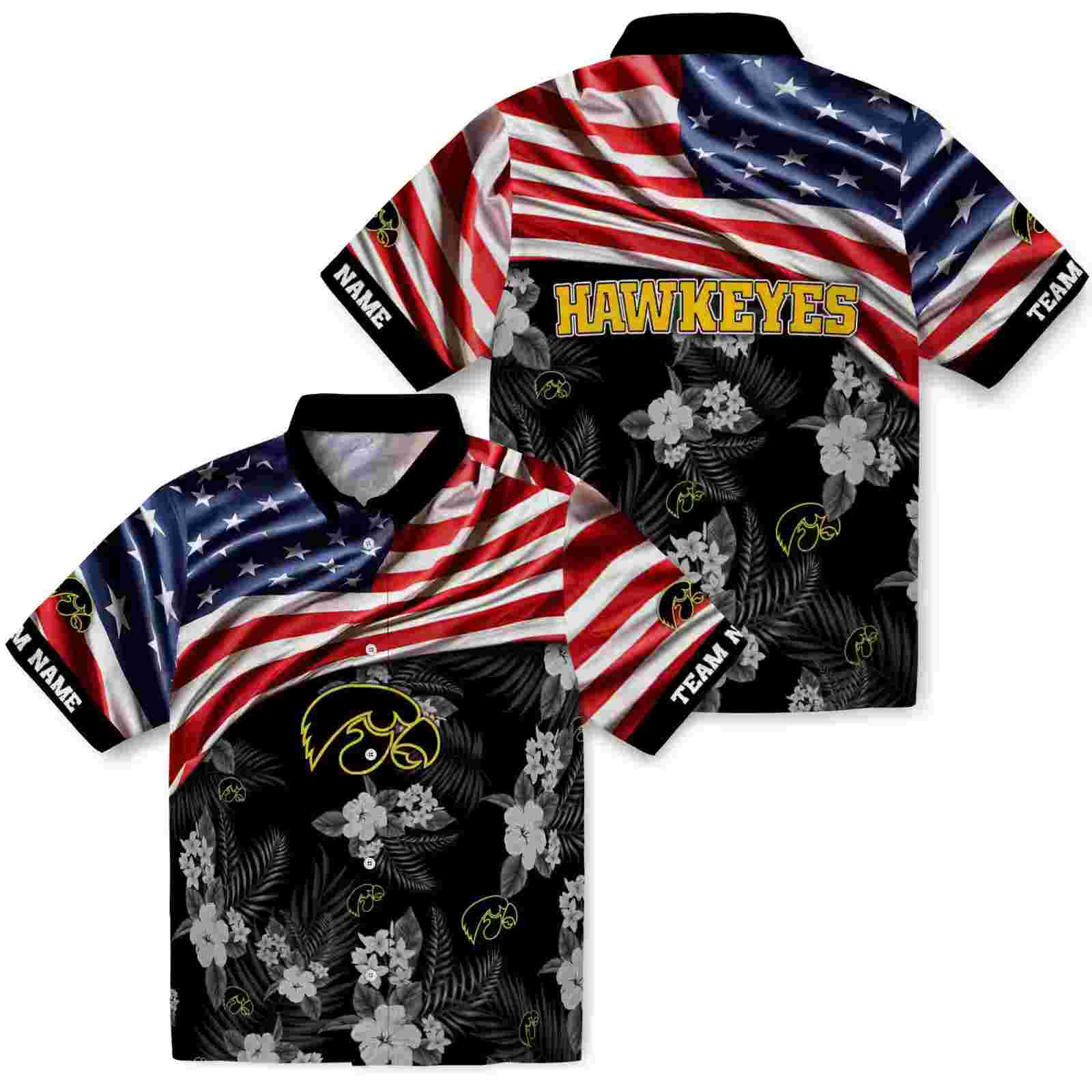 customized iowa hawkeyes us flag hibiscus black hawaiian shirt high quality