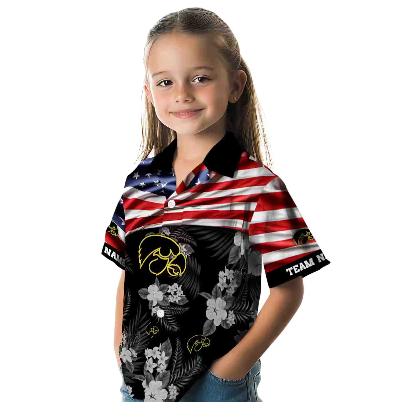 customized iowa hawkeyes us flag hibiscus black hawaiian shirt premium grade