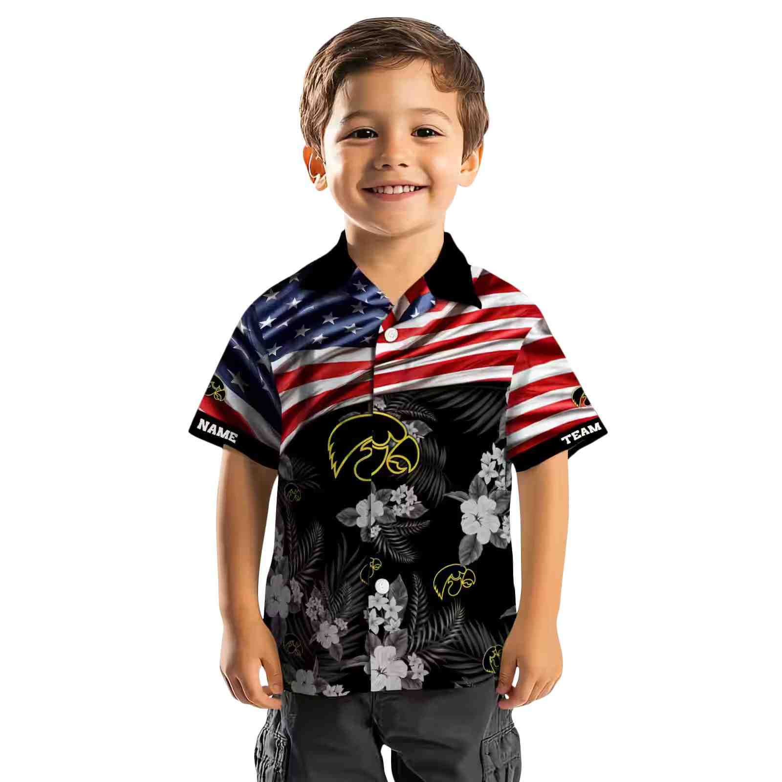 customized iowa hawkeyes us flag hibiscus black hawaiian shirt top rated