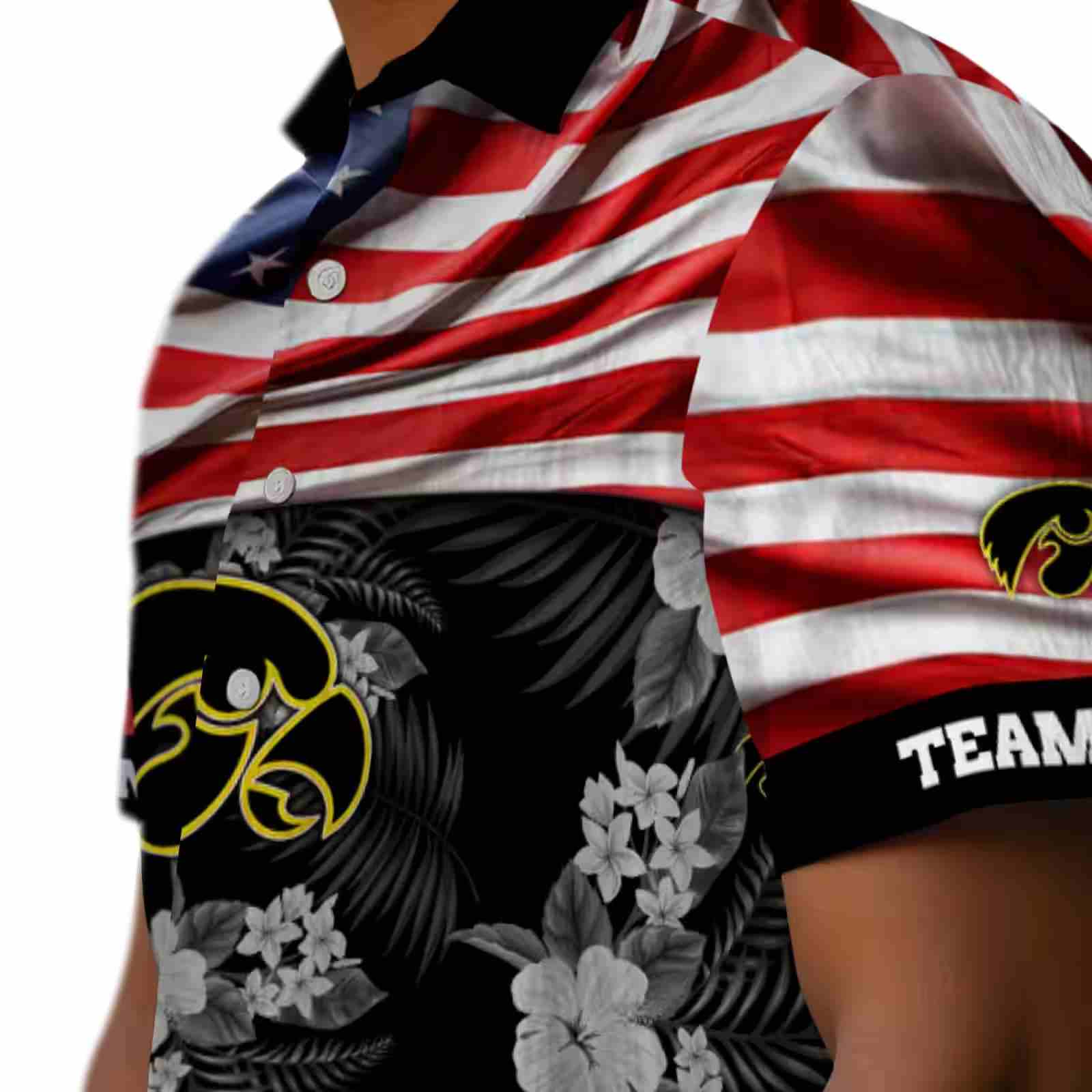 customized iowa hawkeyes us flag hibiscus black hawaiian shirt trendy