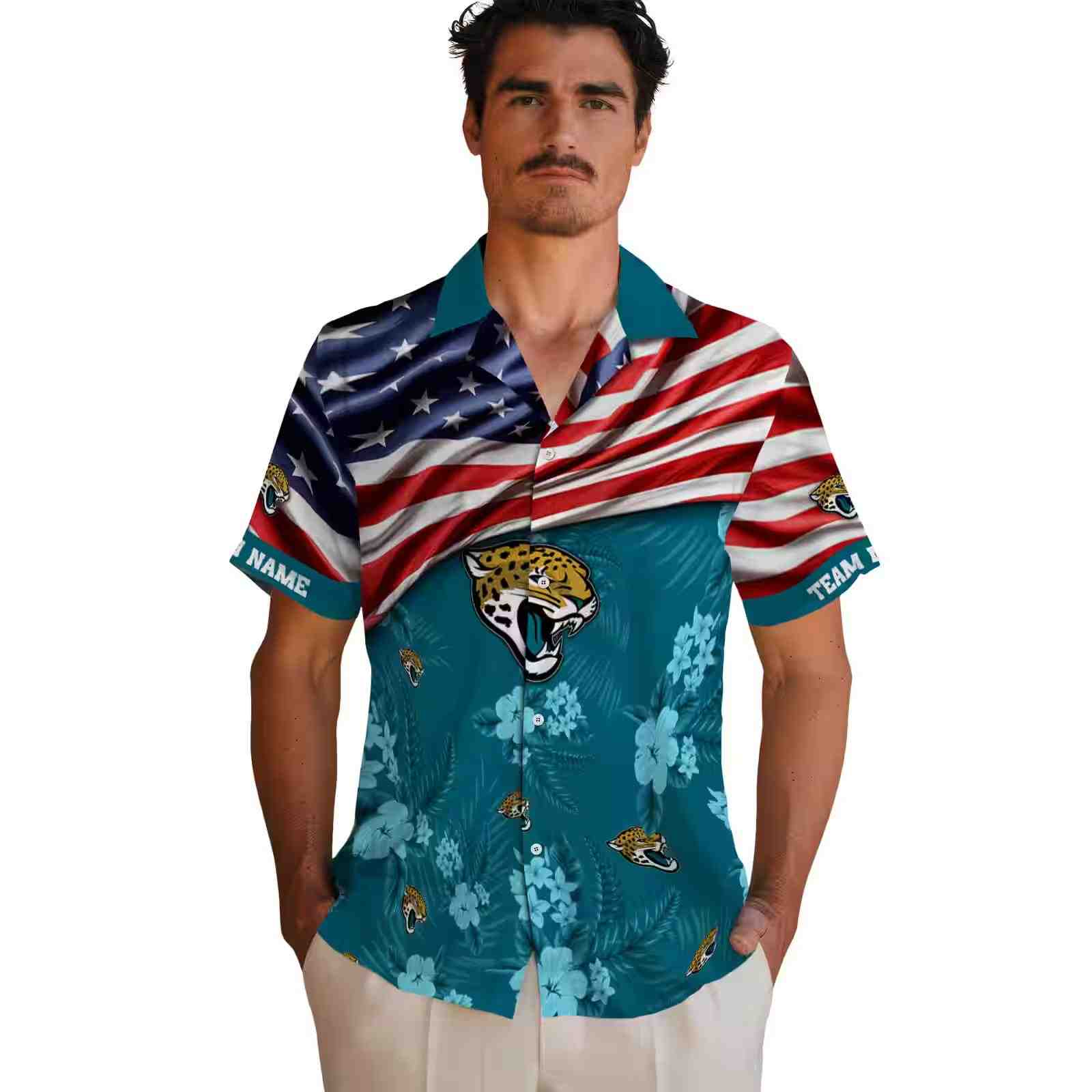 customized jacksonville jaguars us flag hibiscus teal hawaiian shirt fashion forward