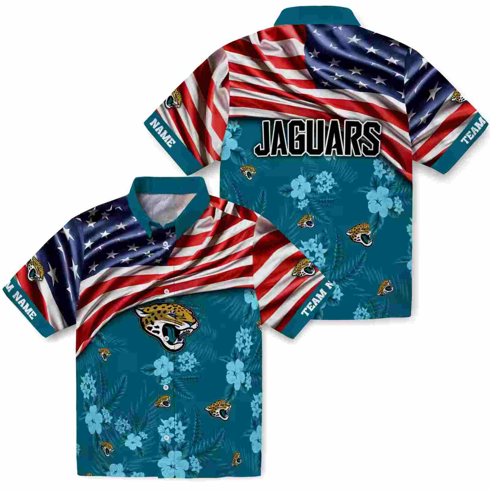 customized jacksonville jaguars us flag hibiscus teal hawaiian shirt high quality