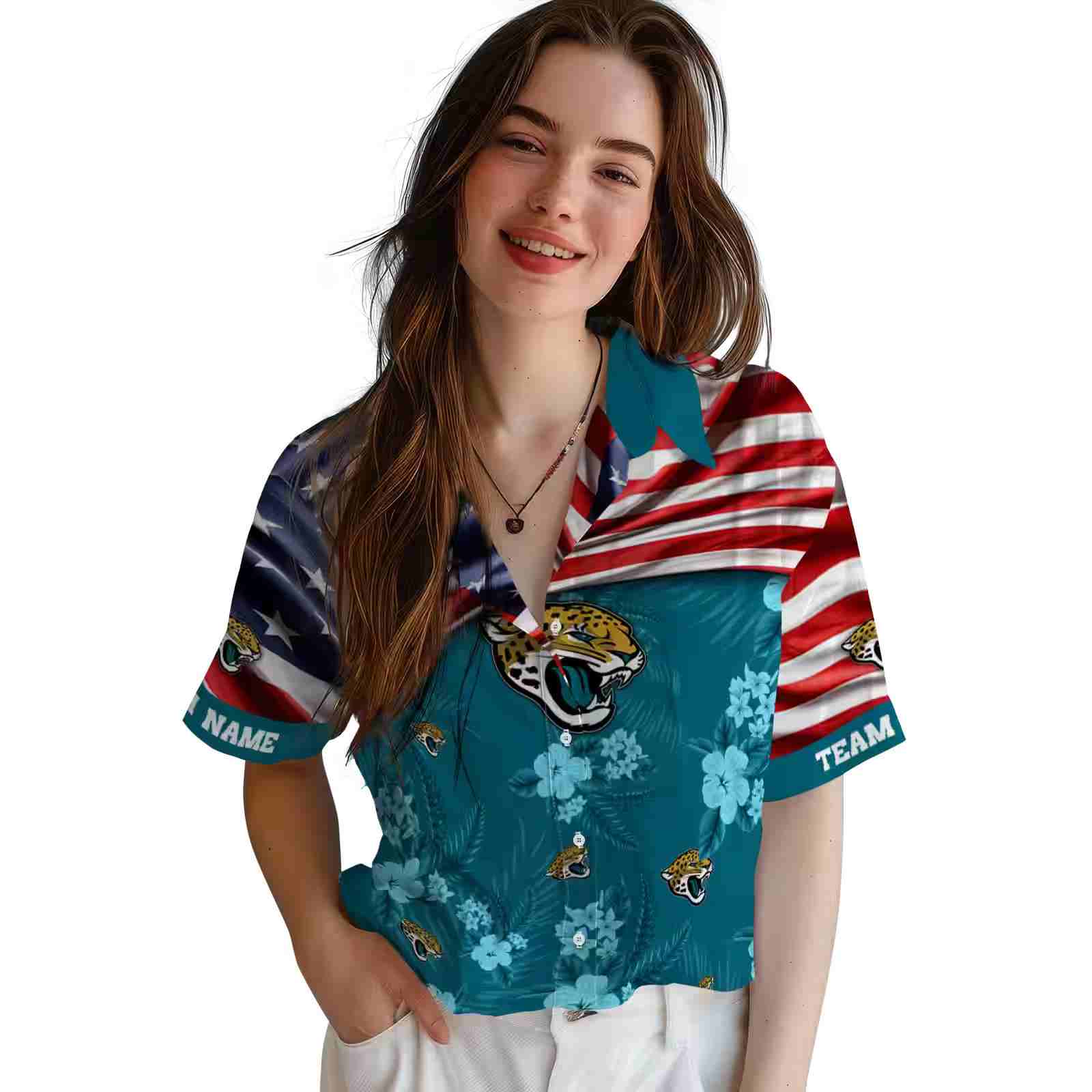 customized jacksonville jaguars us flag hibiscus teal hawaiian shirt latest model