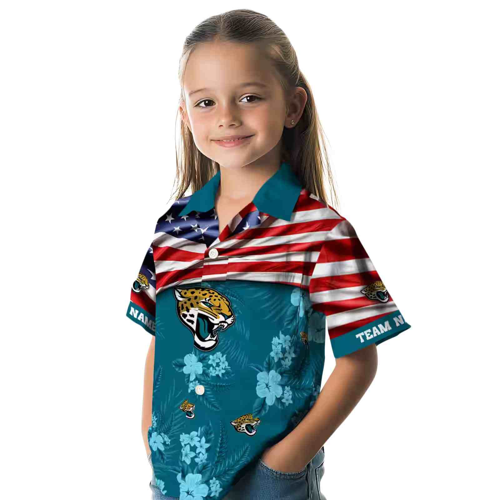 customized jacksonville jaguars us flag hibiscus teal hawaiian shirt premium grade