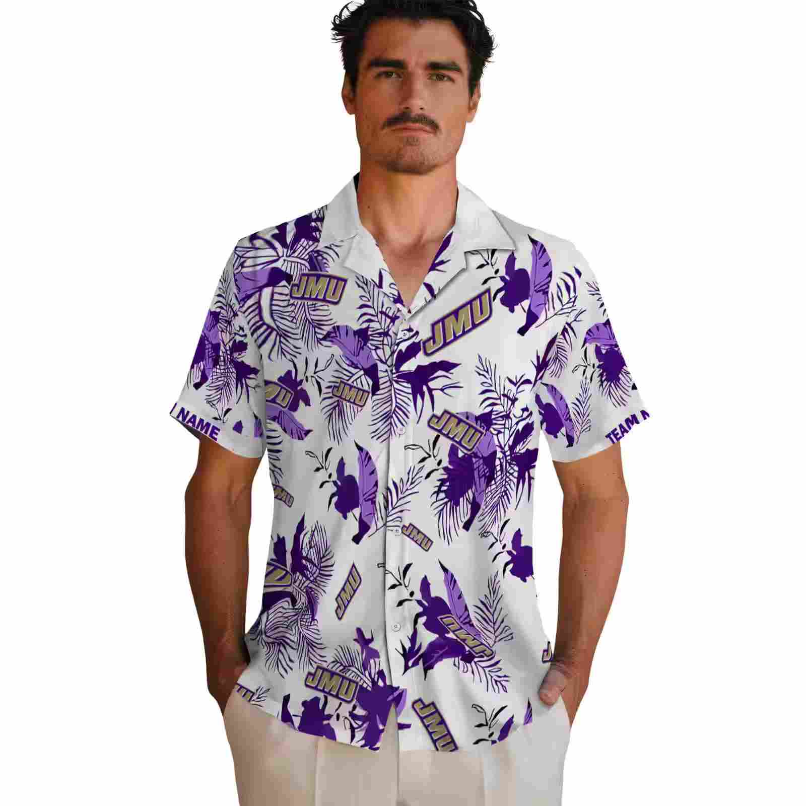 customized james madison dukes botanical theme purple white hawaiian shirt fashion forward